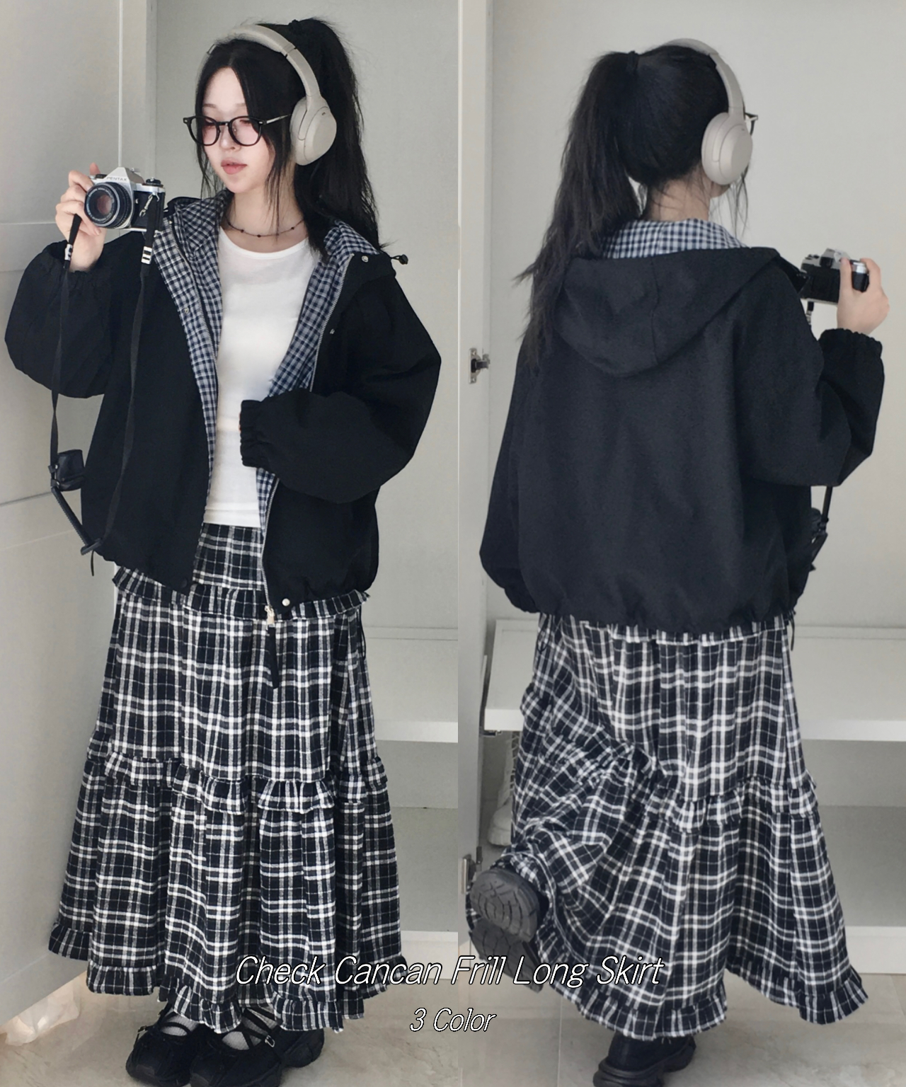 ヴィンテージティアードチェックフリルゴムロングスカート