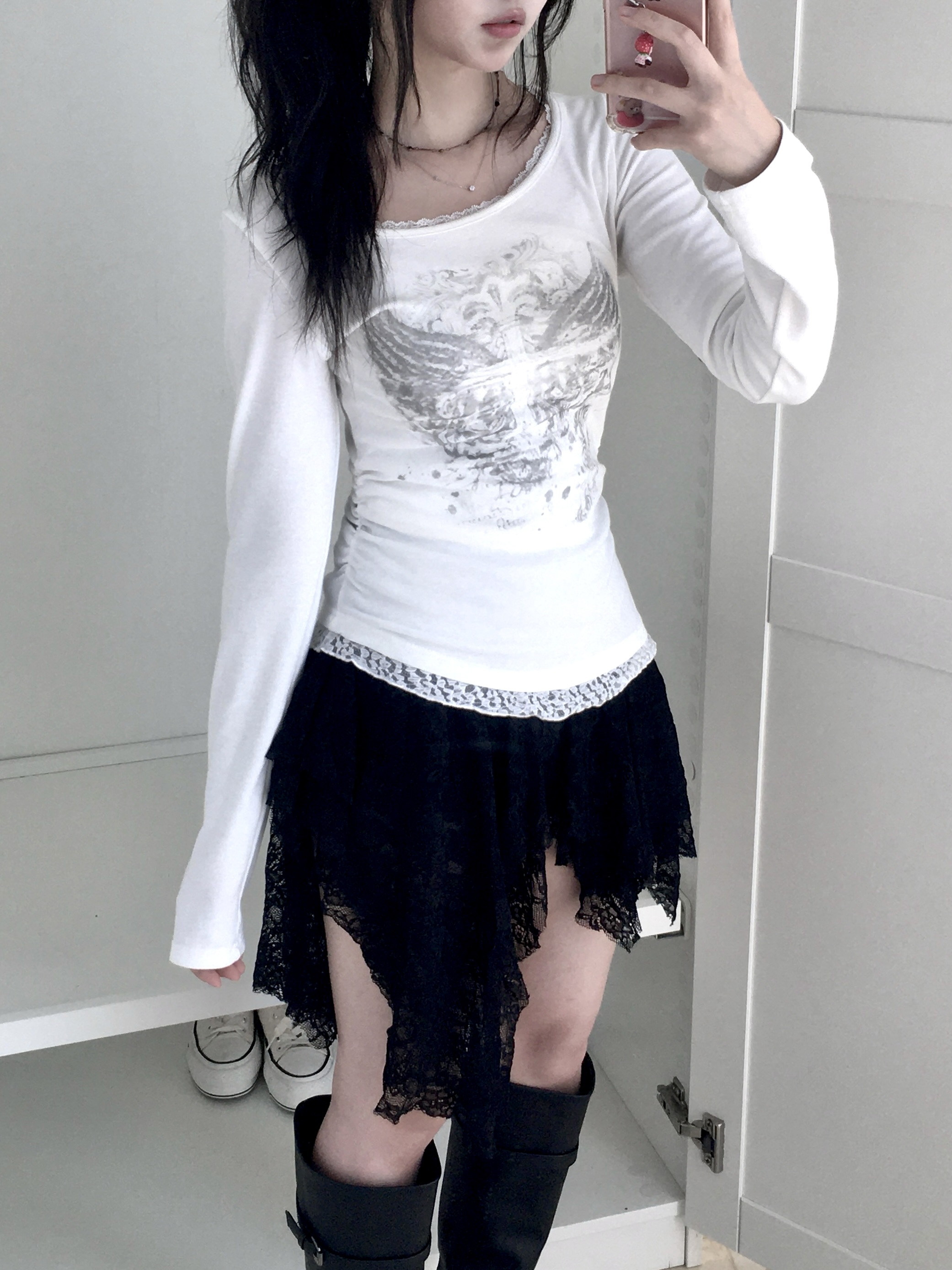 ドレープレースシャーリングアシンメトリーミニスカート