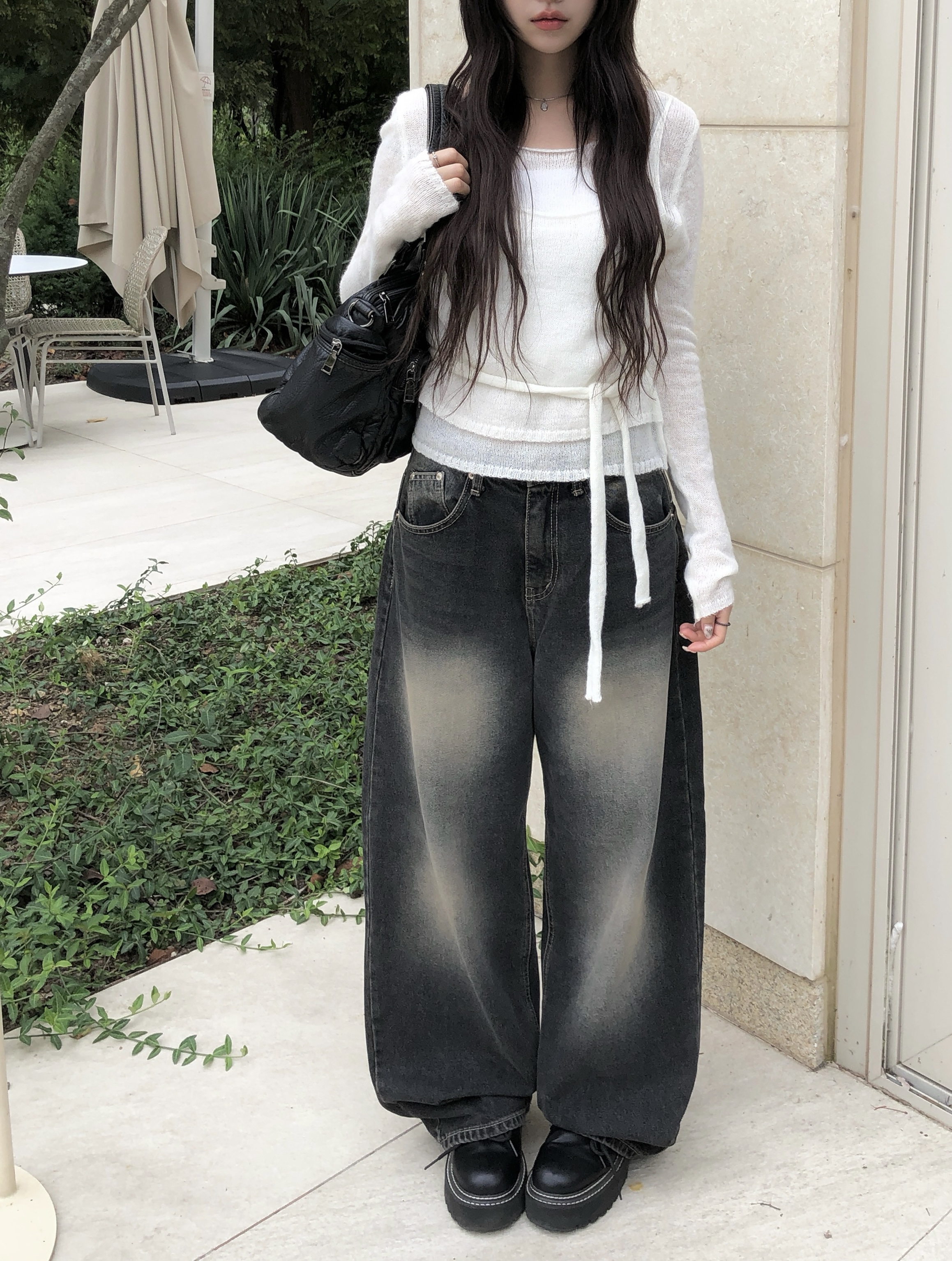 バックベルトループポイントウォッシングワイドストレートデニムパンツ