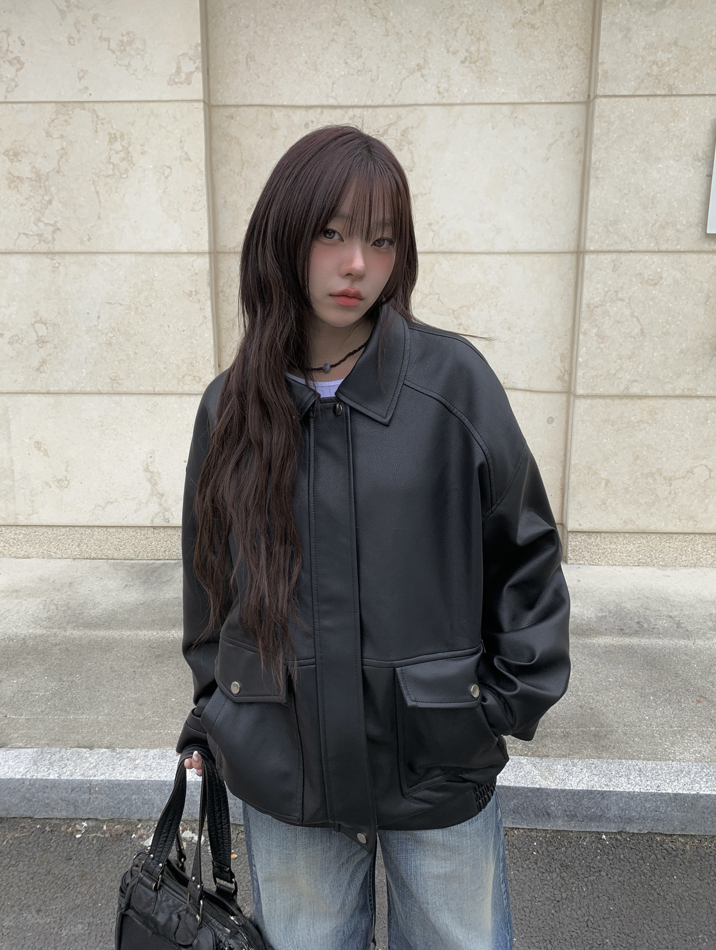 ブラックレザージャケット オーバーサイズ フェイクレザーオーバーサイズジャケット – maiare