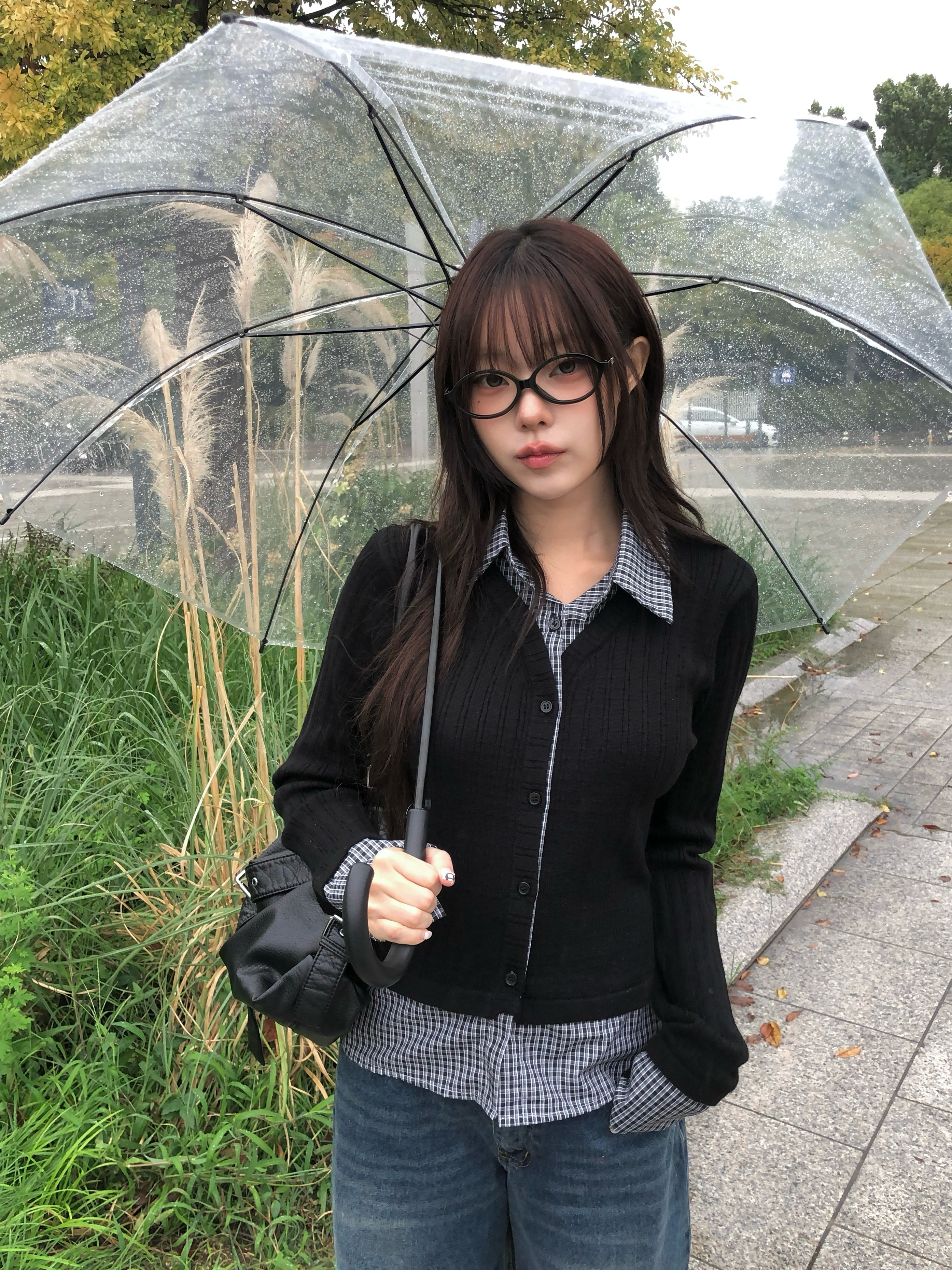 チェック柄シャツレイヤードニットリブカーディガン