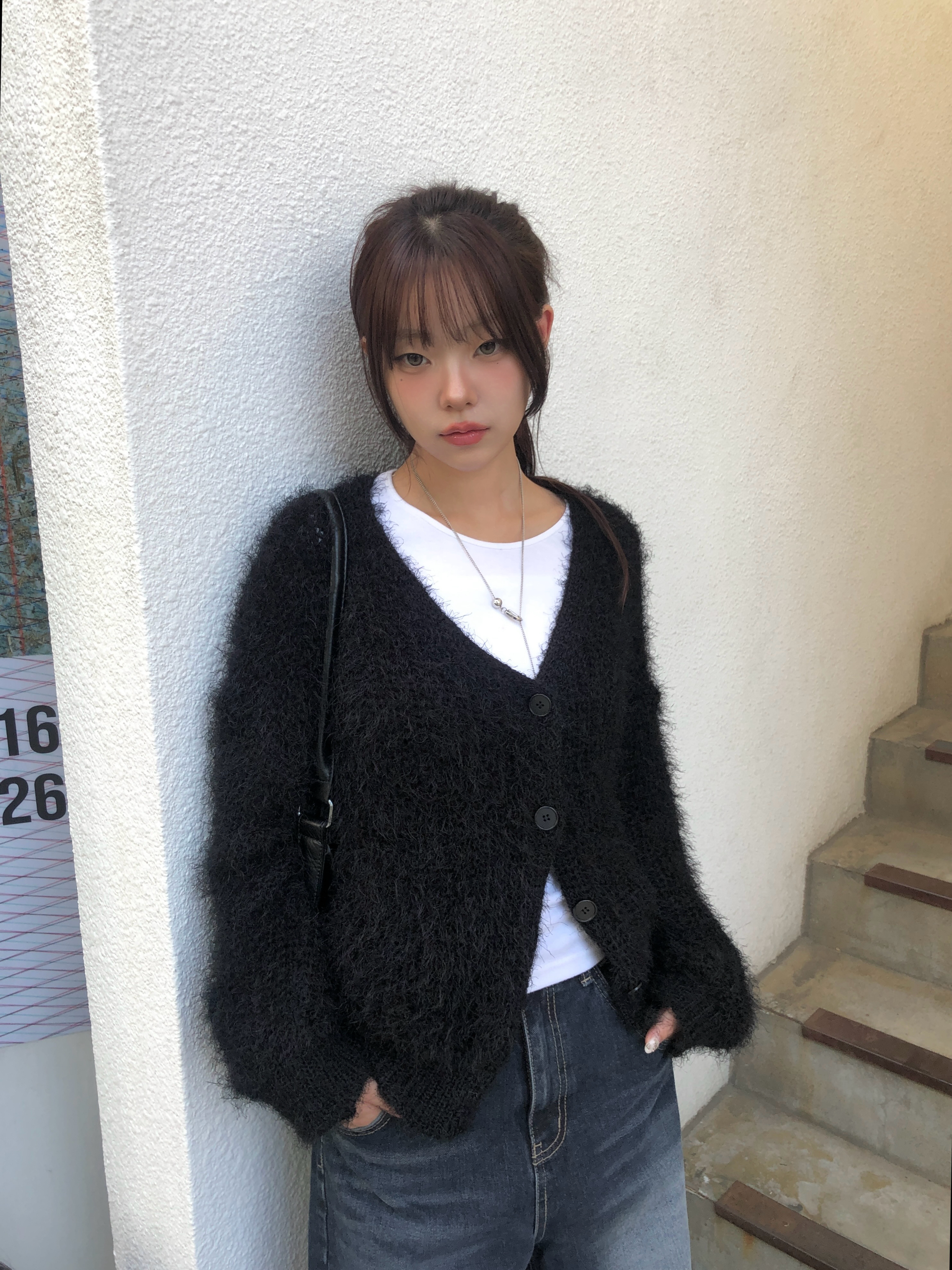 アンゴラ風Vネックルーズシャギーニットカーディガン