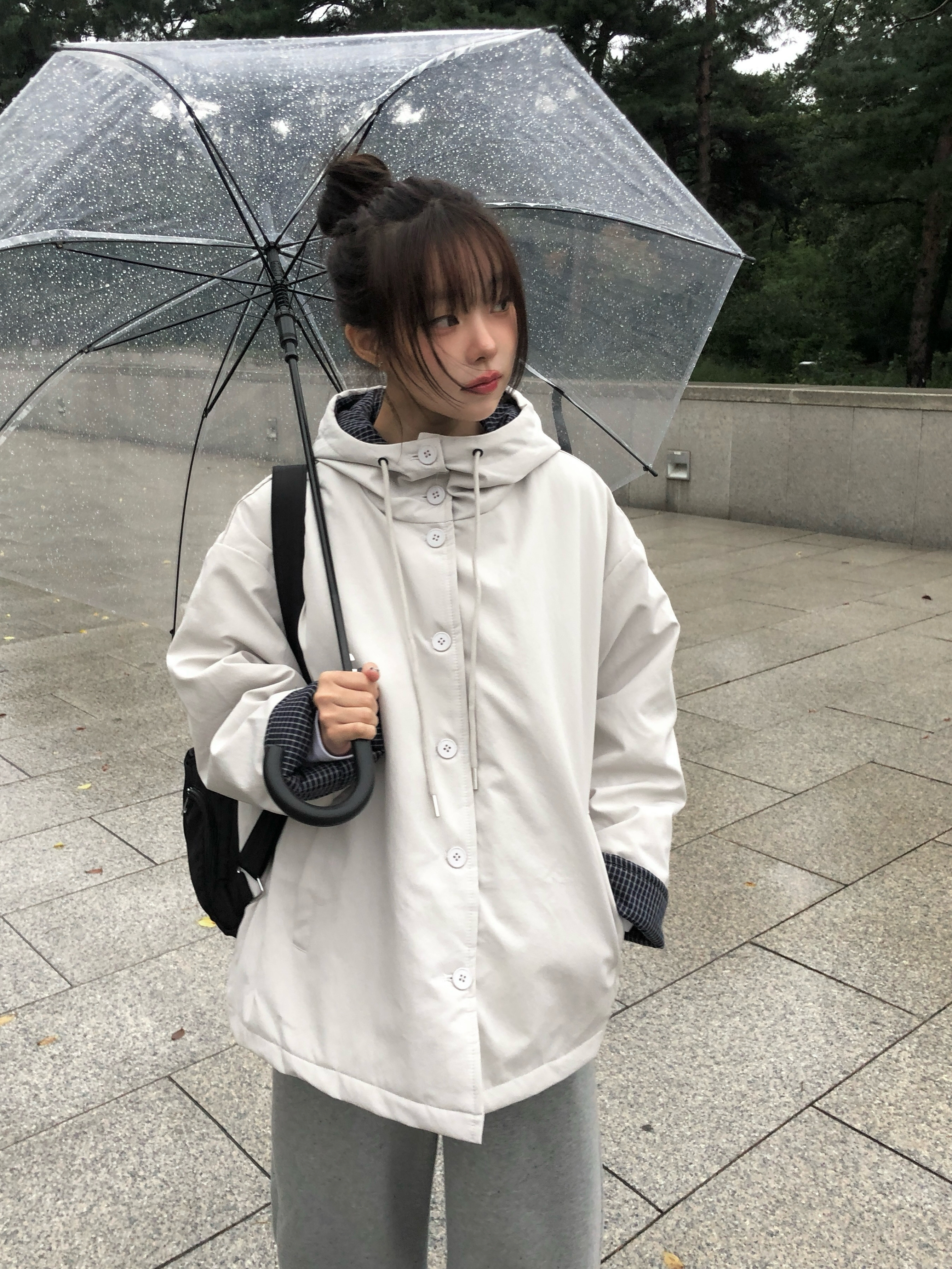 チェック配色オーバーサイズフードダウンブルゾン