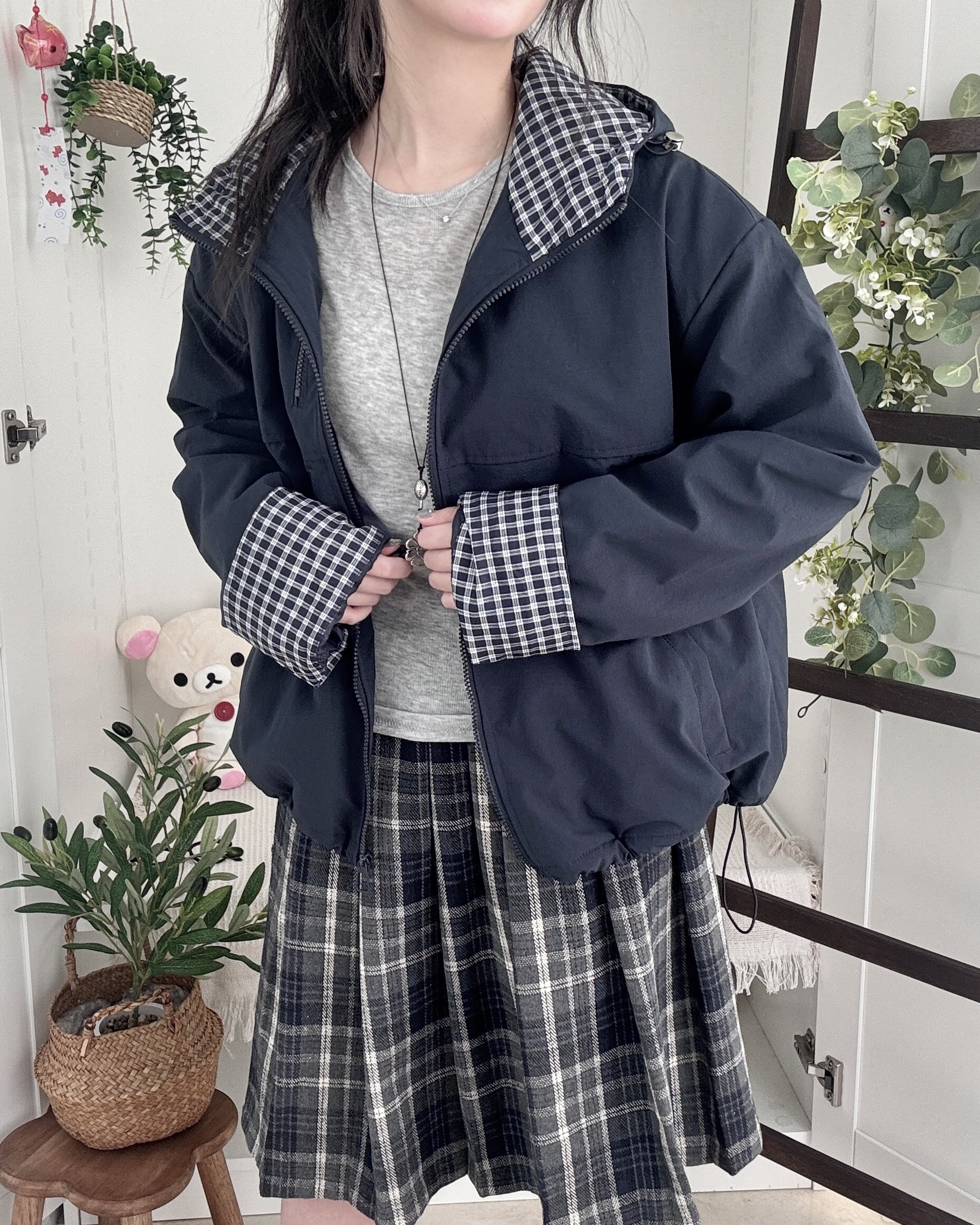 オーバーサイズチェック柄切替ダウンジャケット | ファッション通販