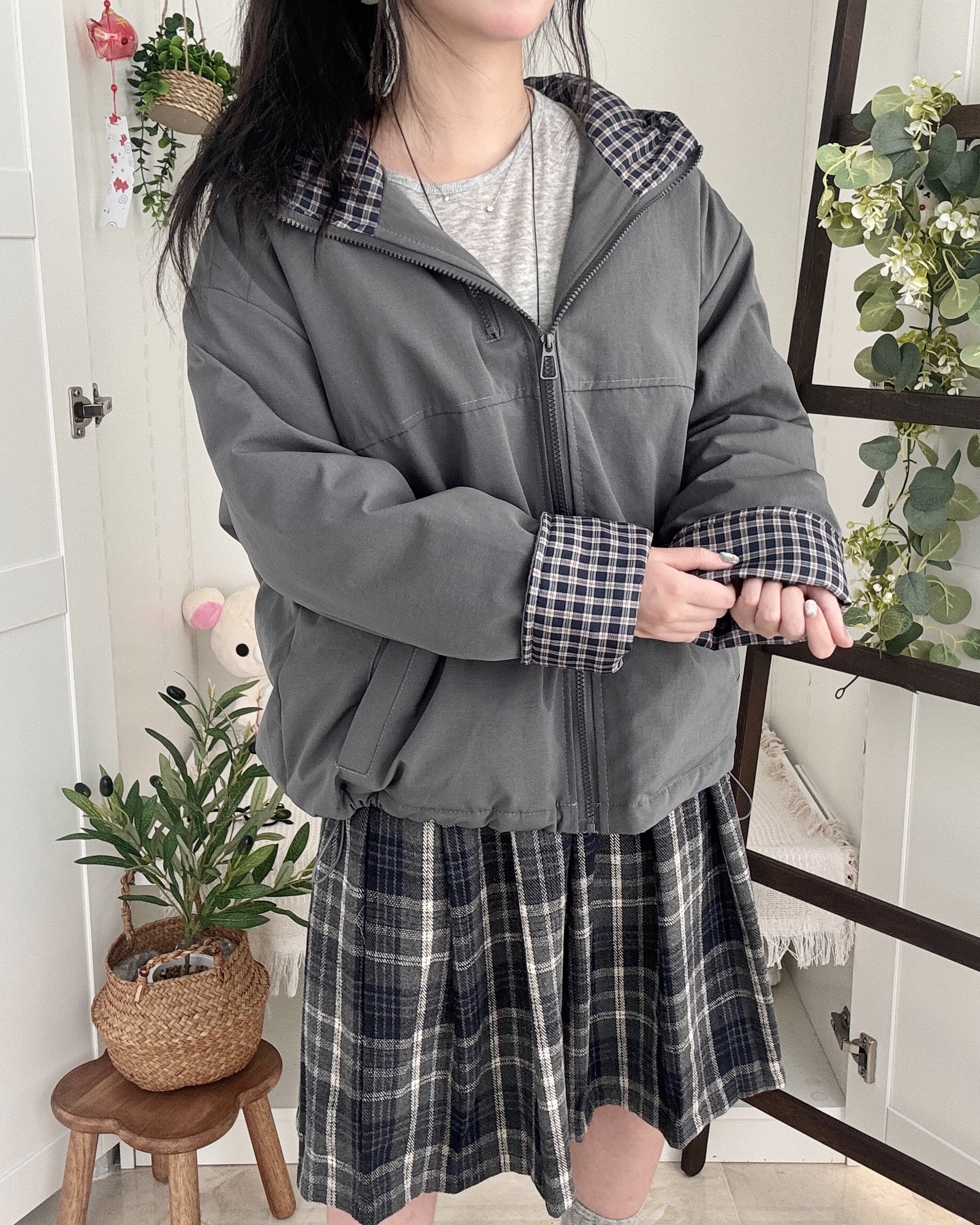 オーバーサイズチェック柄切替ダウンジャケット | ファッション通販