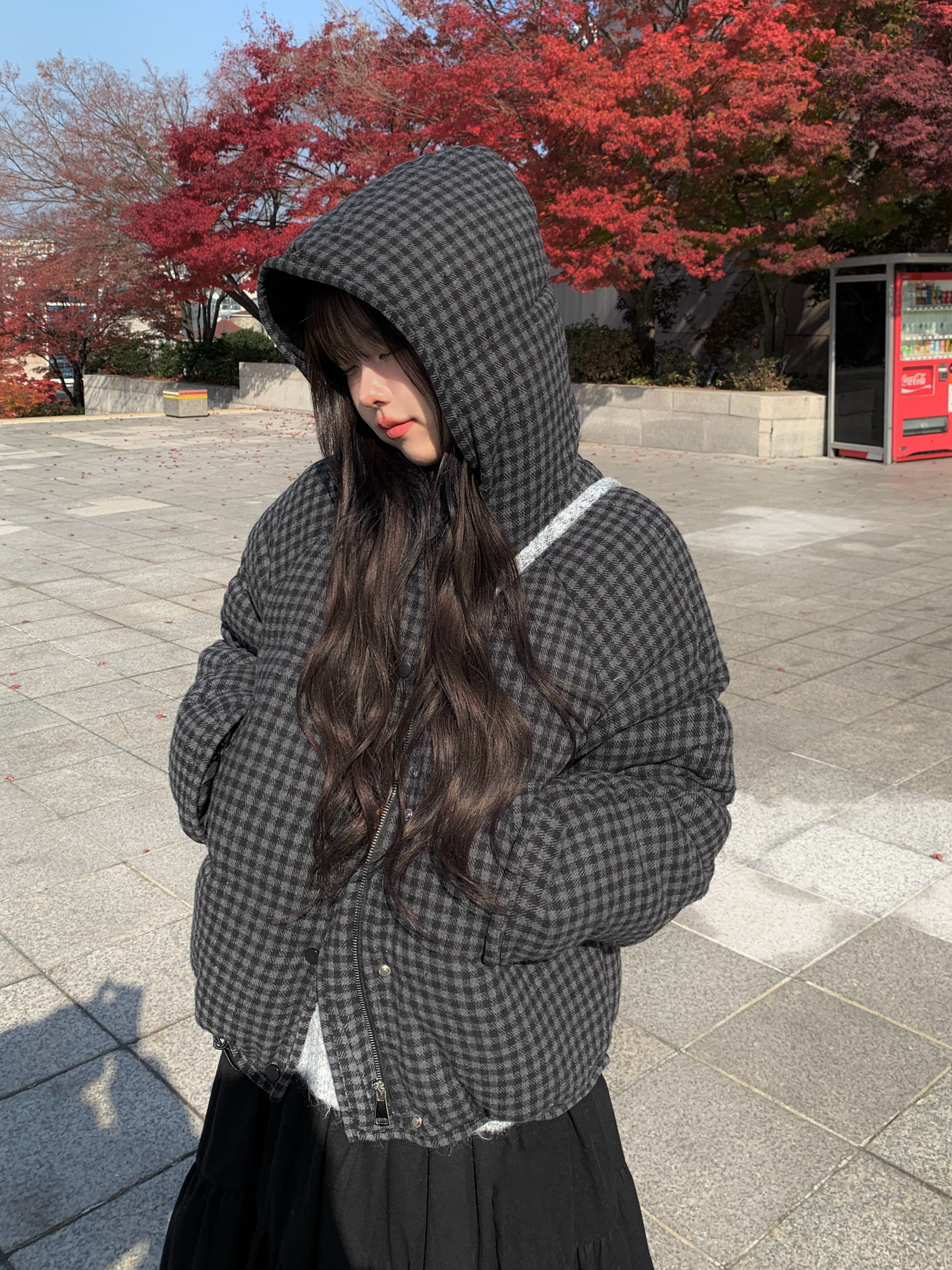 フードハイネック裾ドロストチェックダウンジャケット