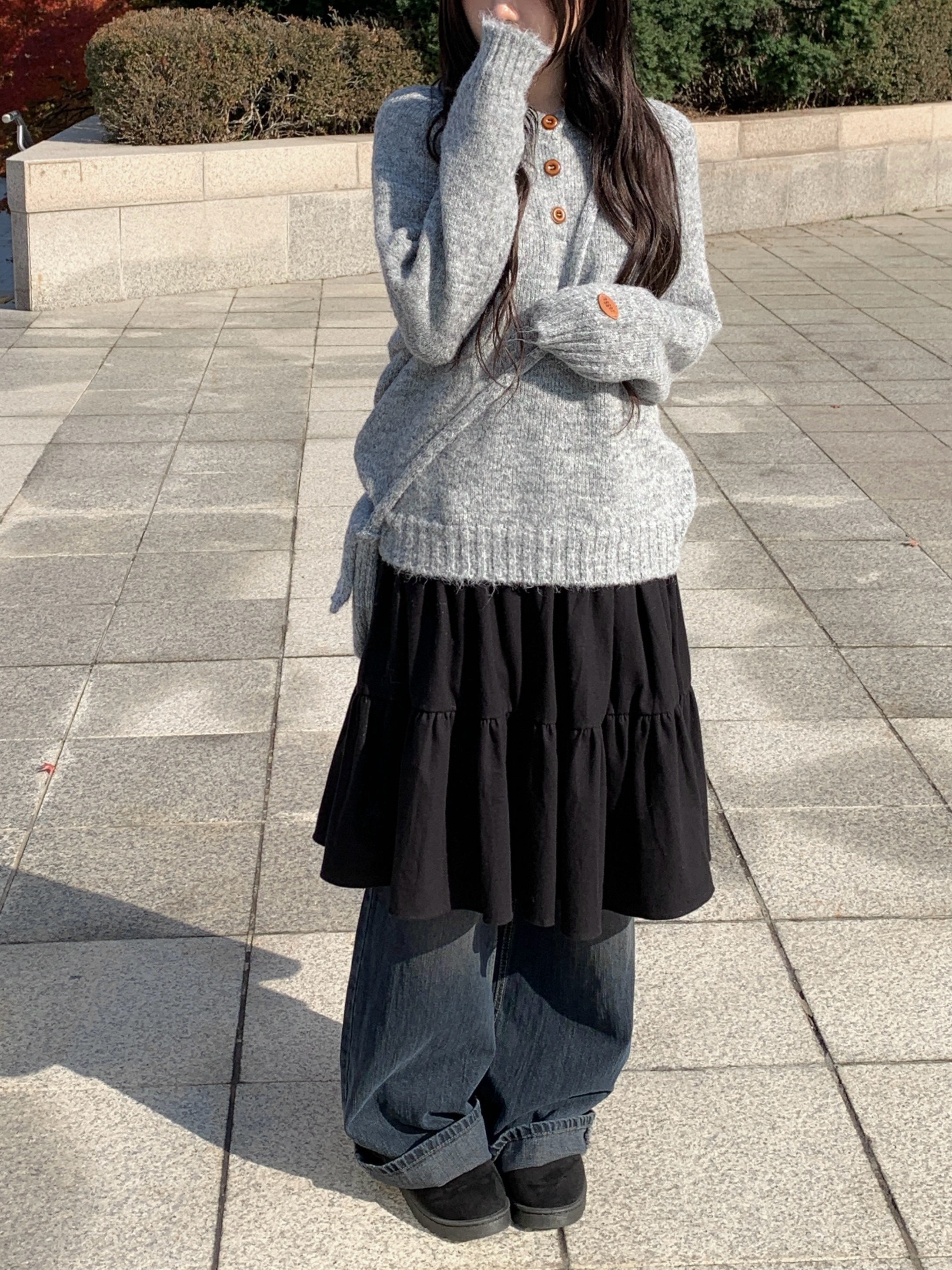 ピーチ起毛ウエストゴムティアードミディスカート