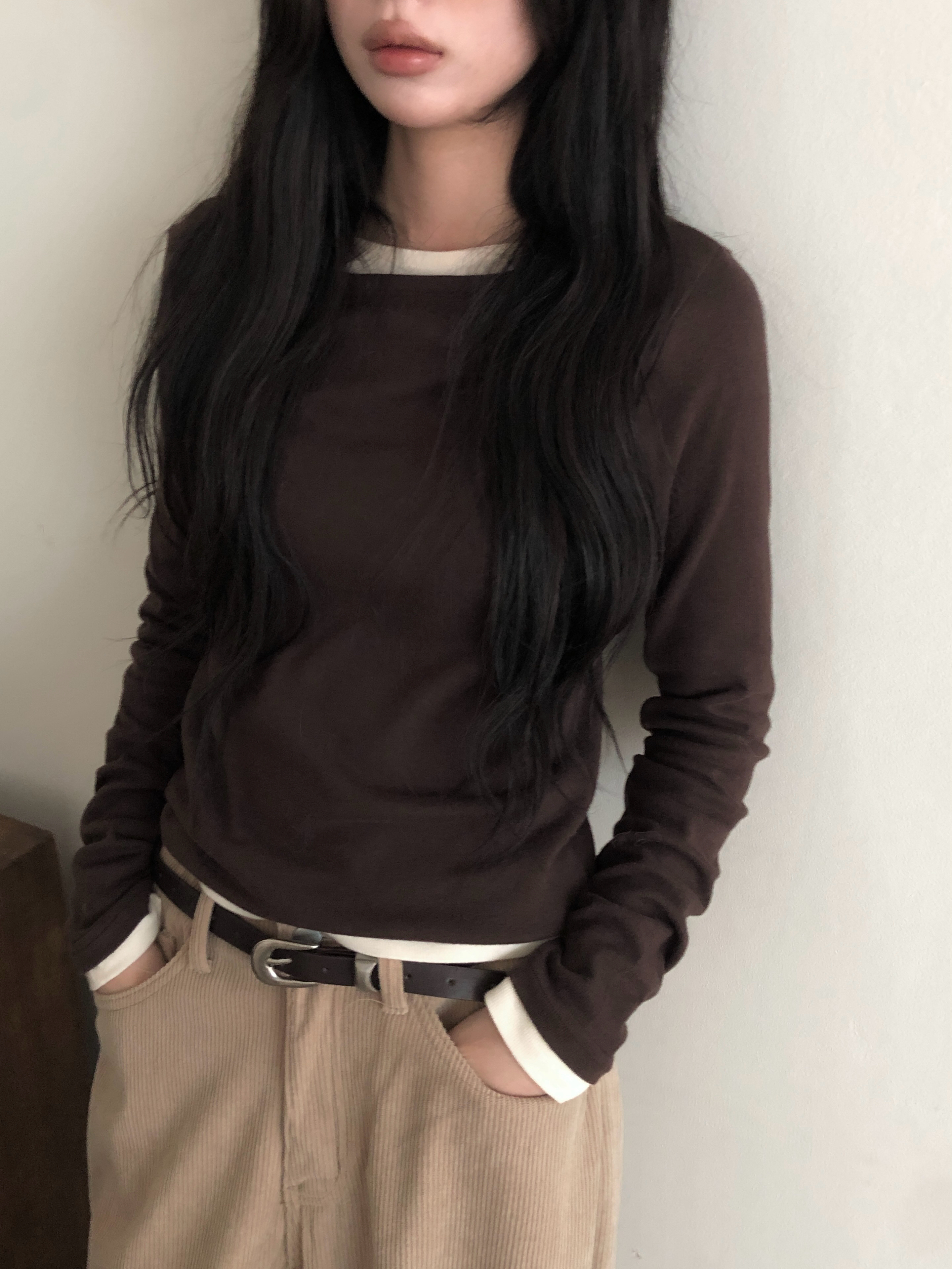 ピーチ起毛ボートネック長袖Tシャツ