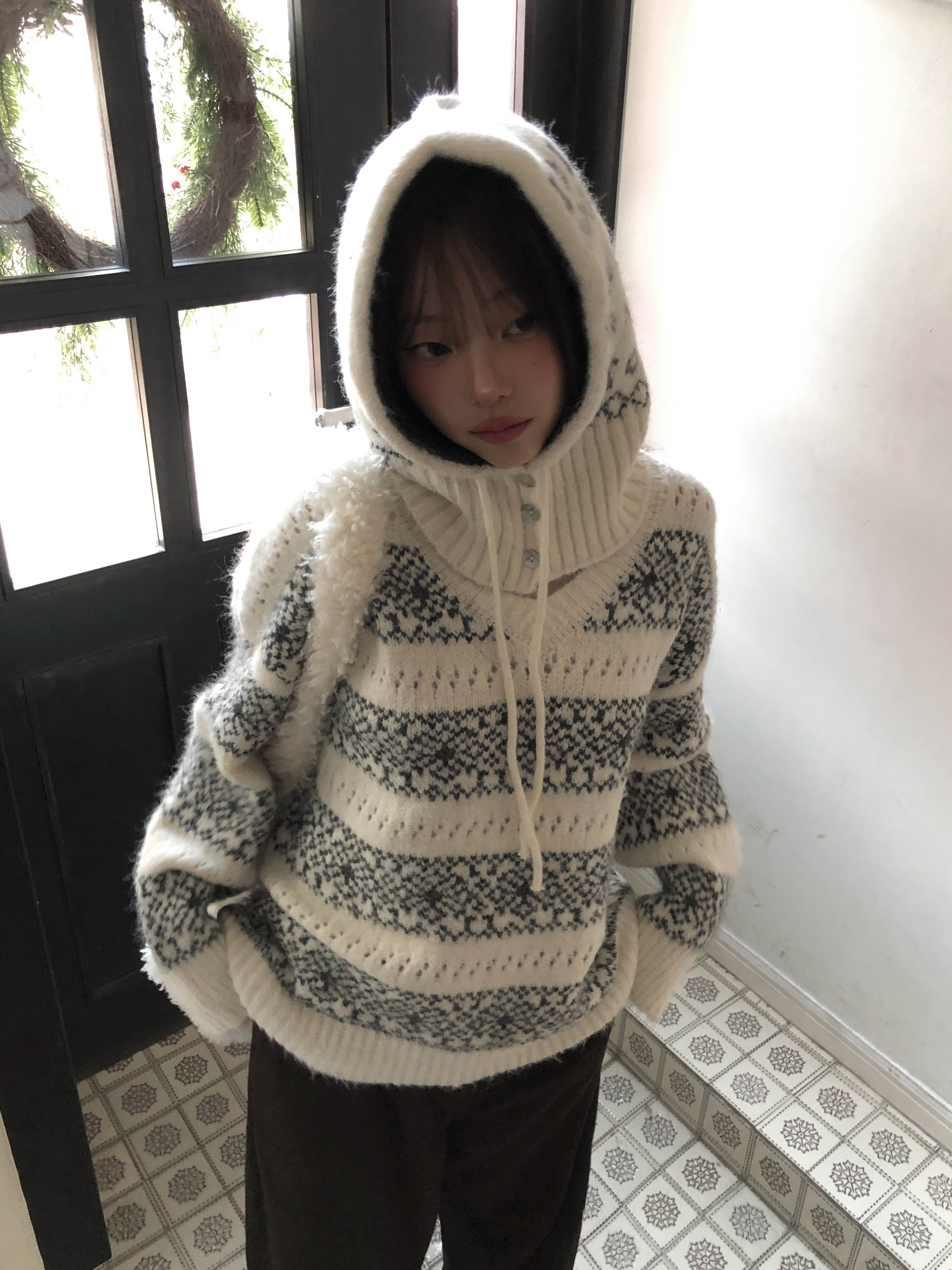 SET】 バラクラバ ＋ ノル디ック柄 Vネック オーバーサイズニット