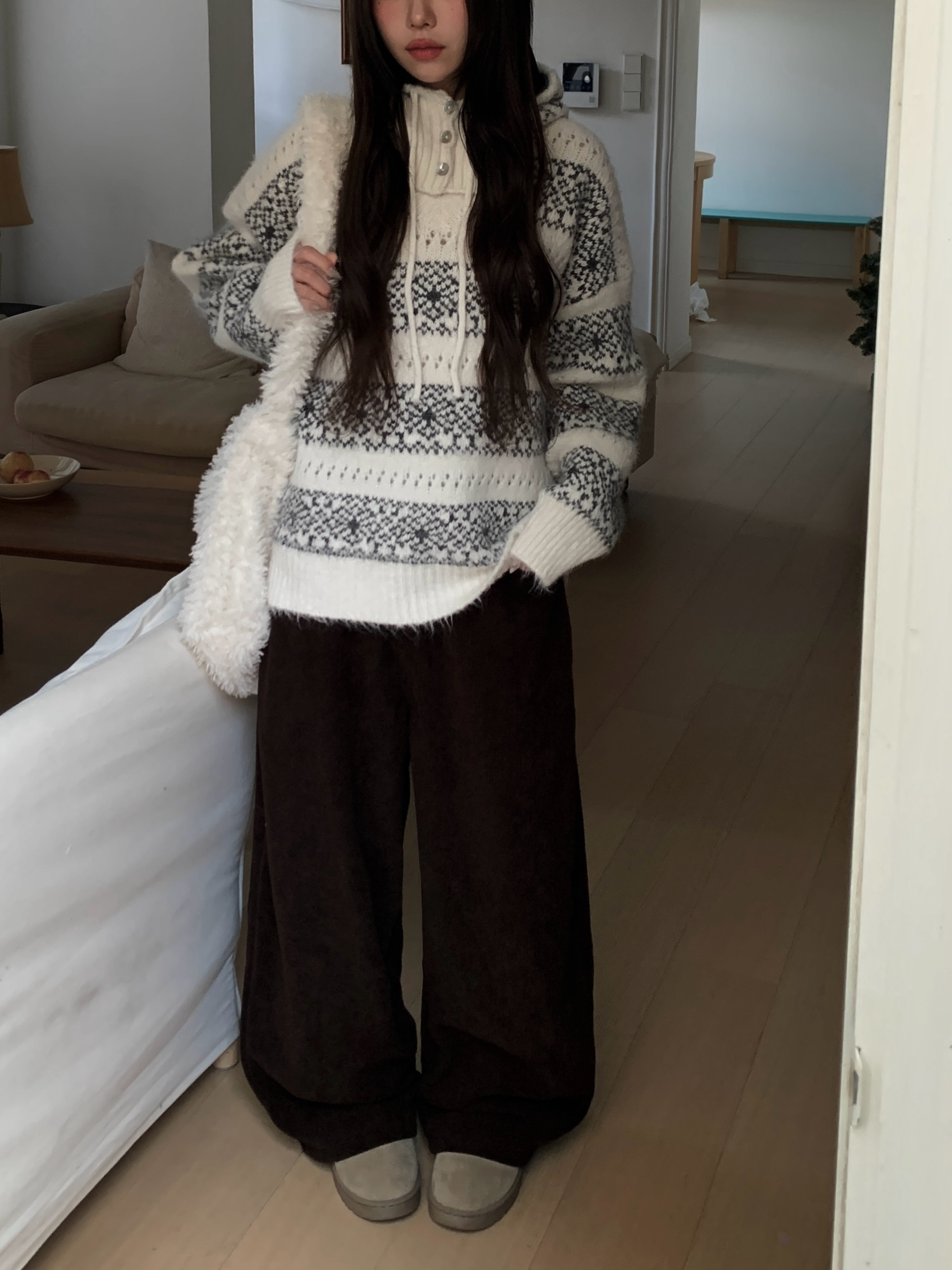 バックストラップボタンコーデュロイ裏起毛ワイドパンツ