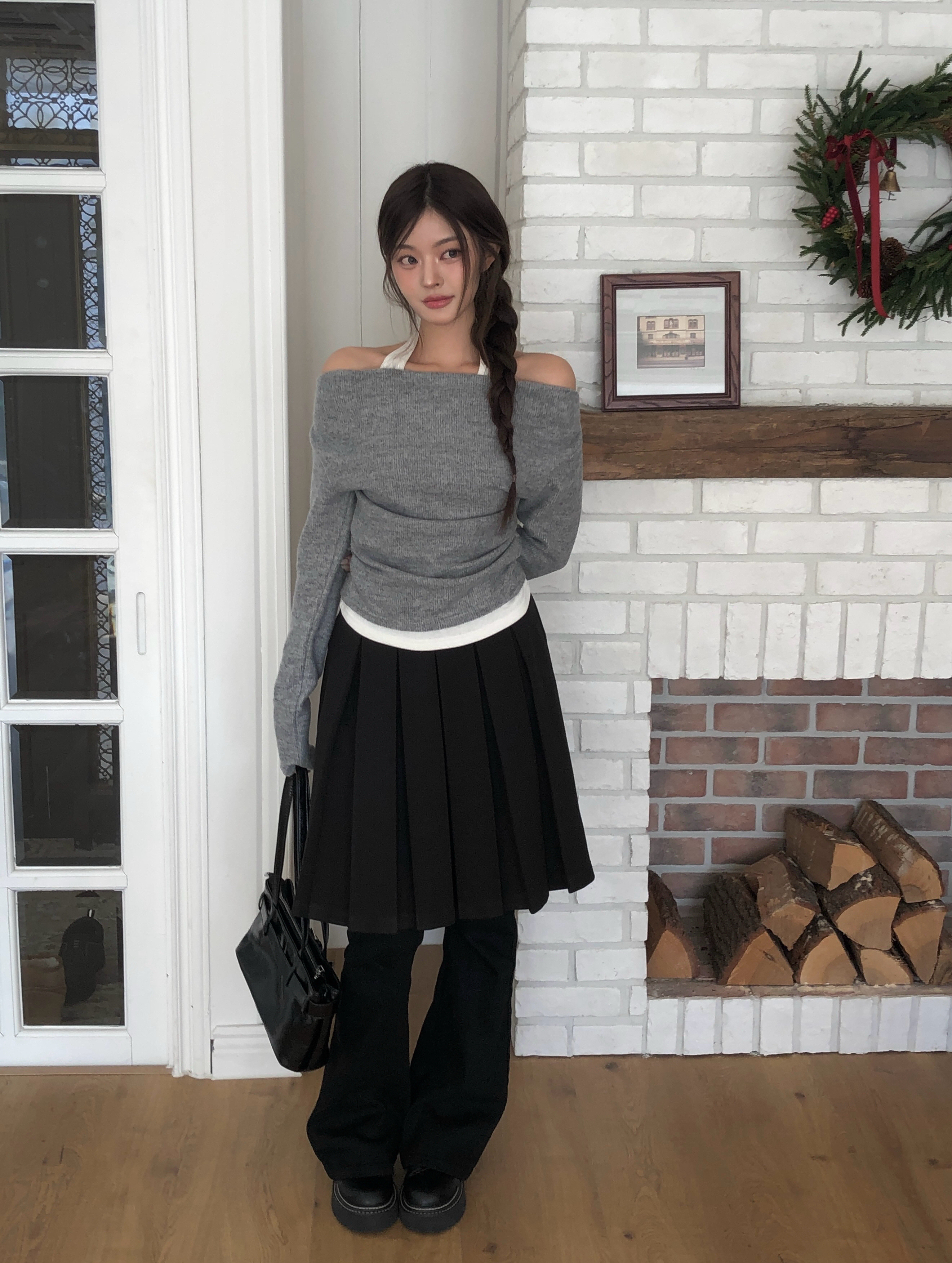 ベルト付きウールライクフロントプリーツミディスカート