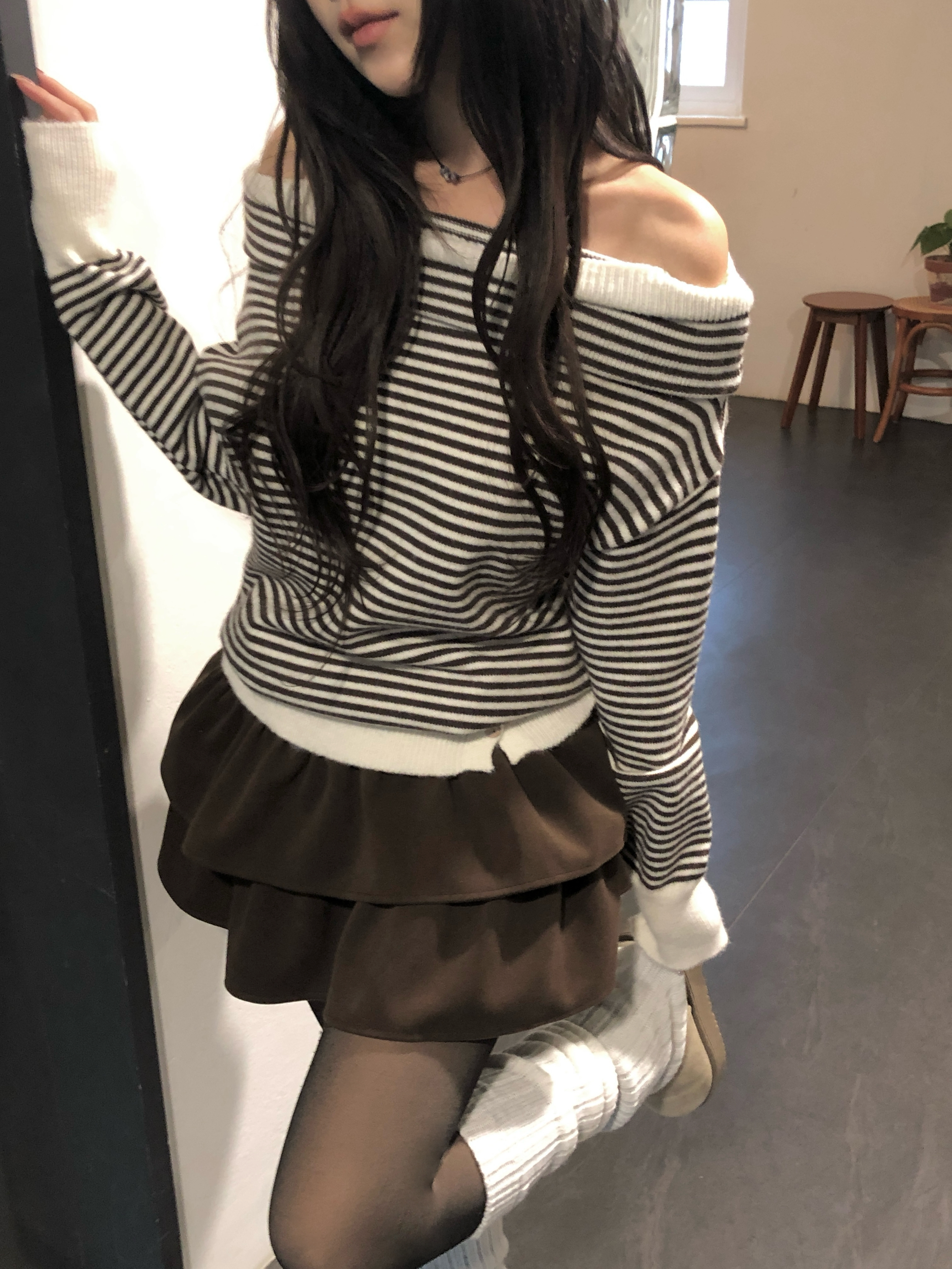 ボーダー ボタン オフショルダー ニット