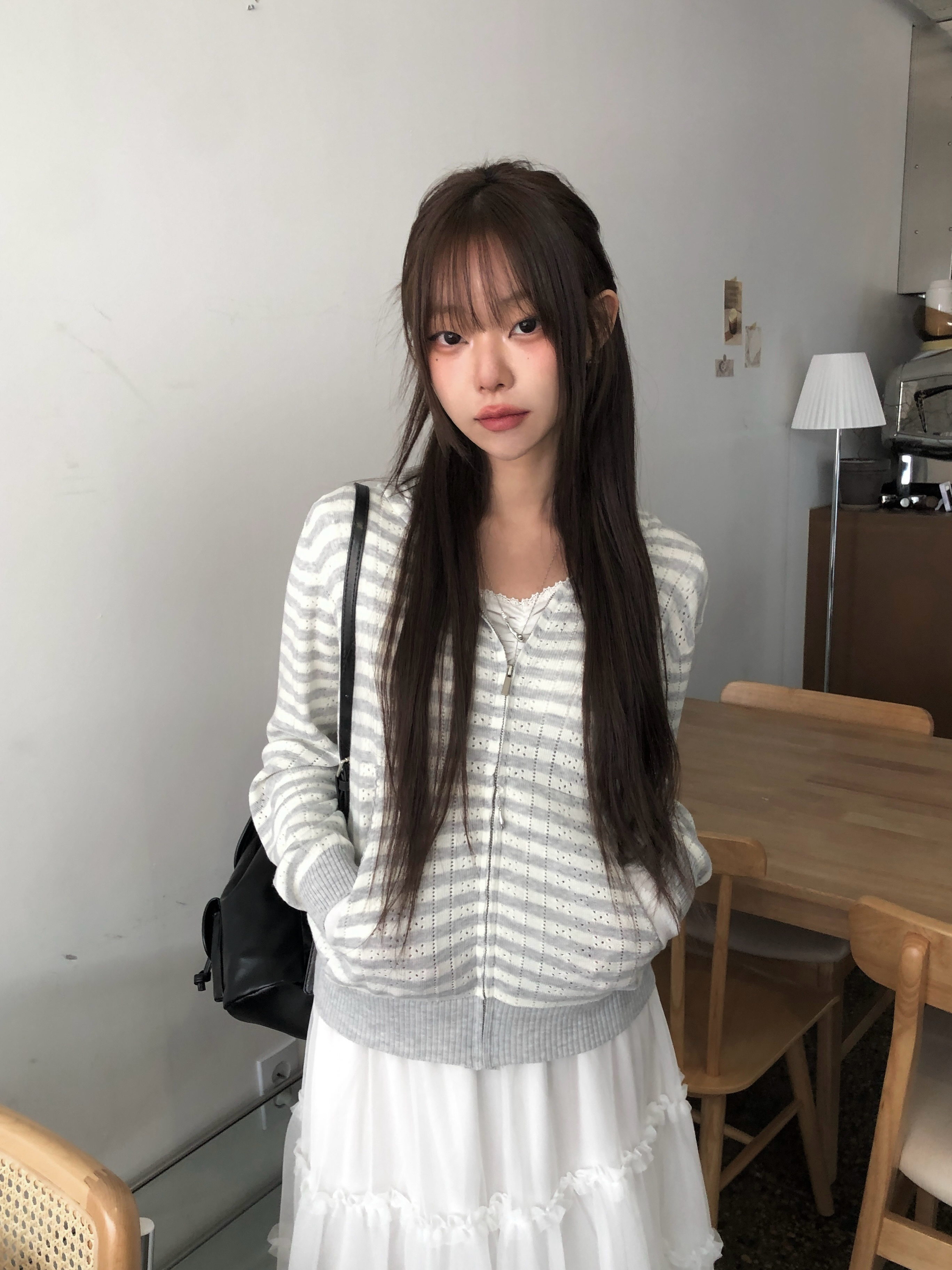 アイレット編みボーダーニットジップパーカー