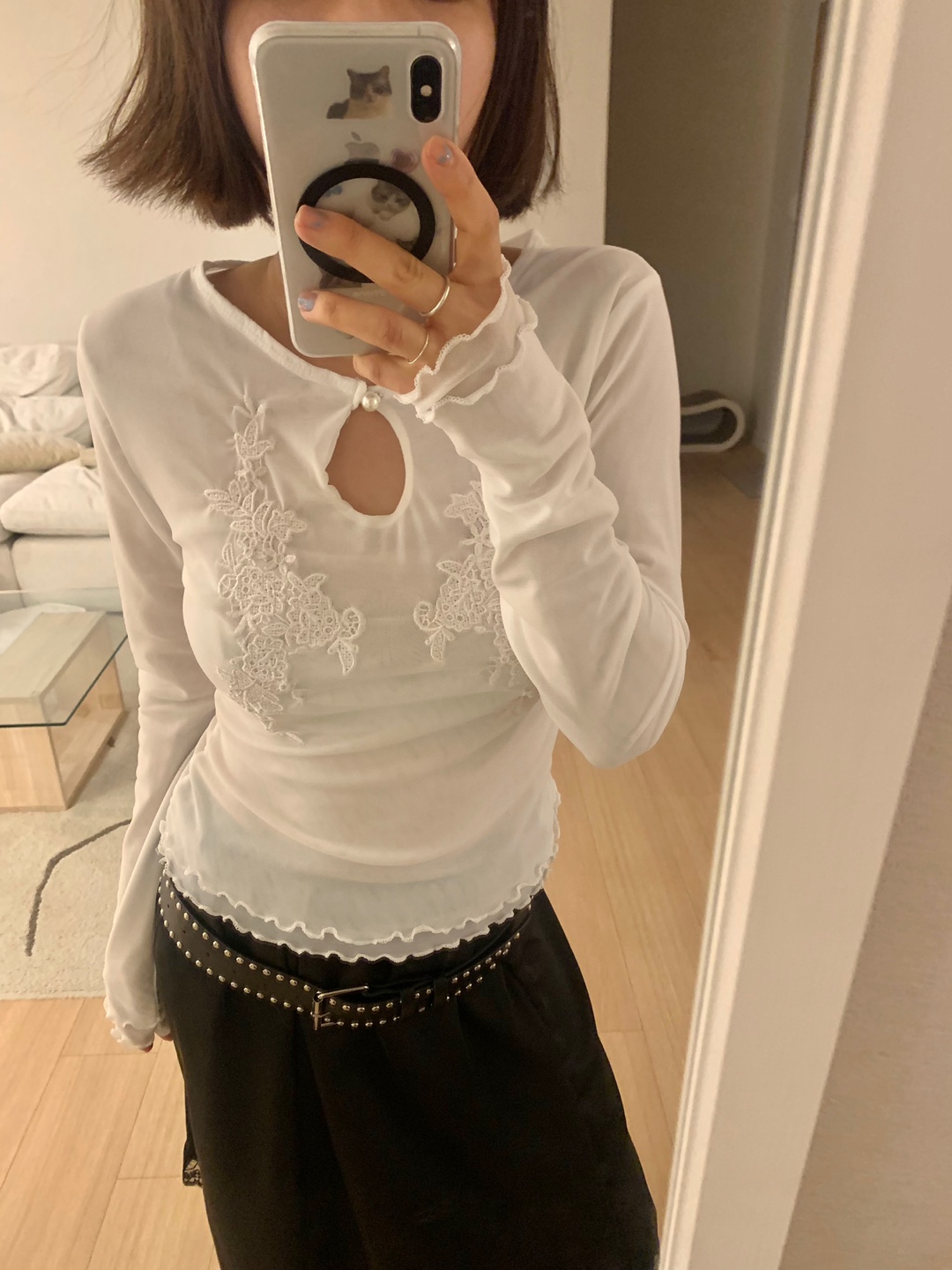 フラワー刺繍 シフォン レイヤード ブラウス Tシャツ