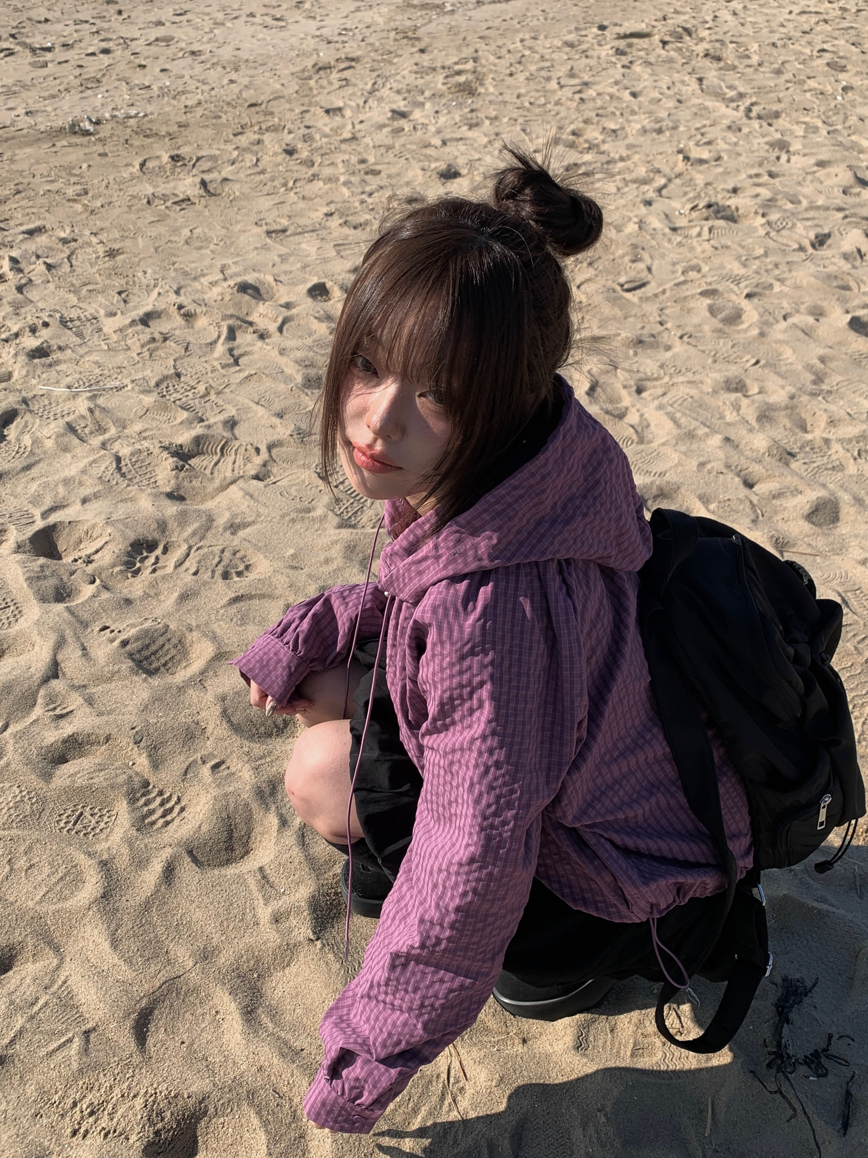 フードギンガムチェックハーフZIPアノラック