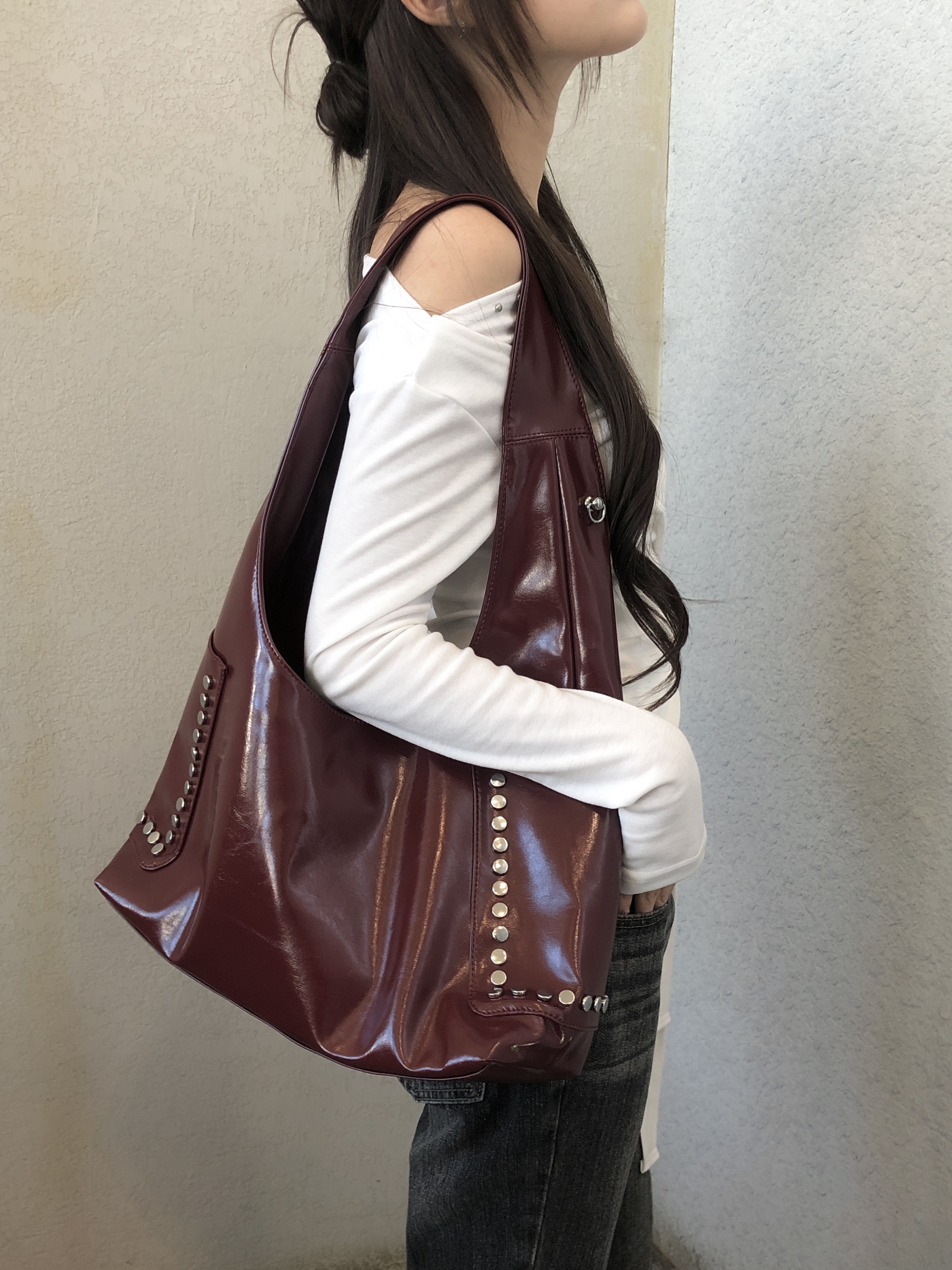 スタッズフェイクレザービッグショルダーバッグ