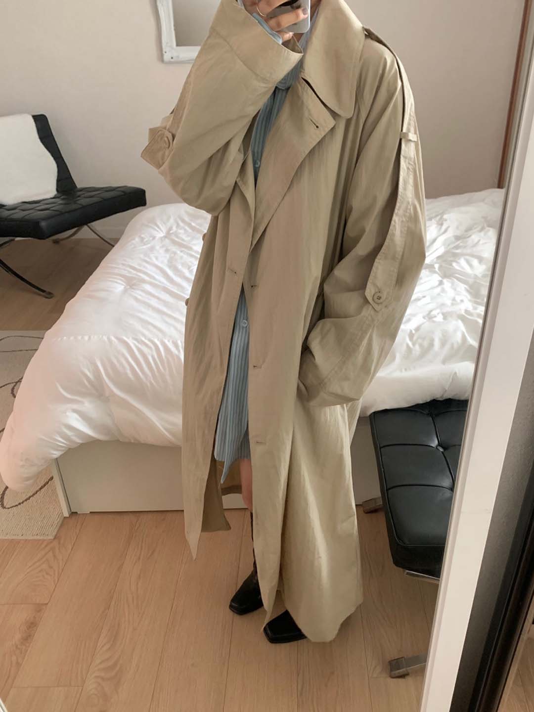 ナイロンコットンストリングトレンチロングコート