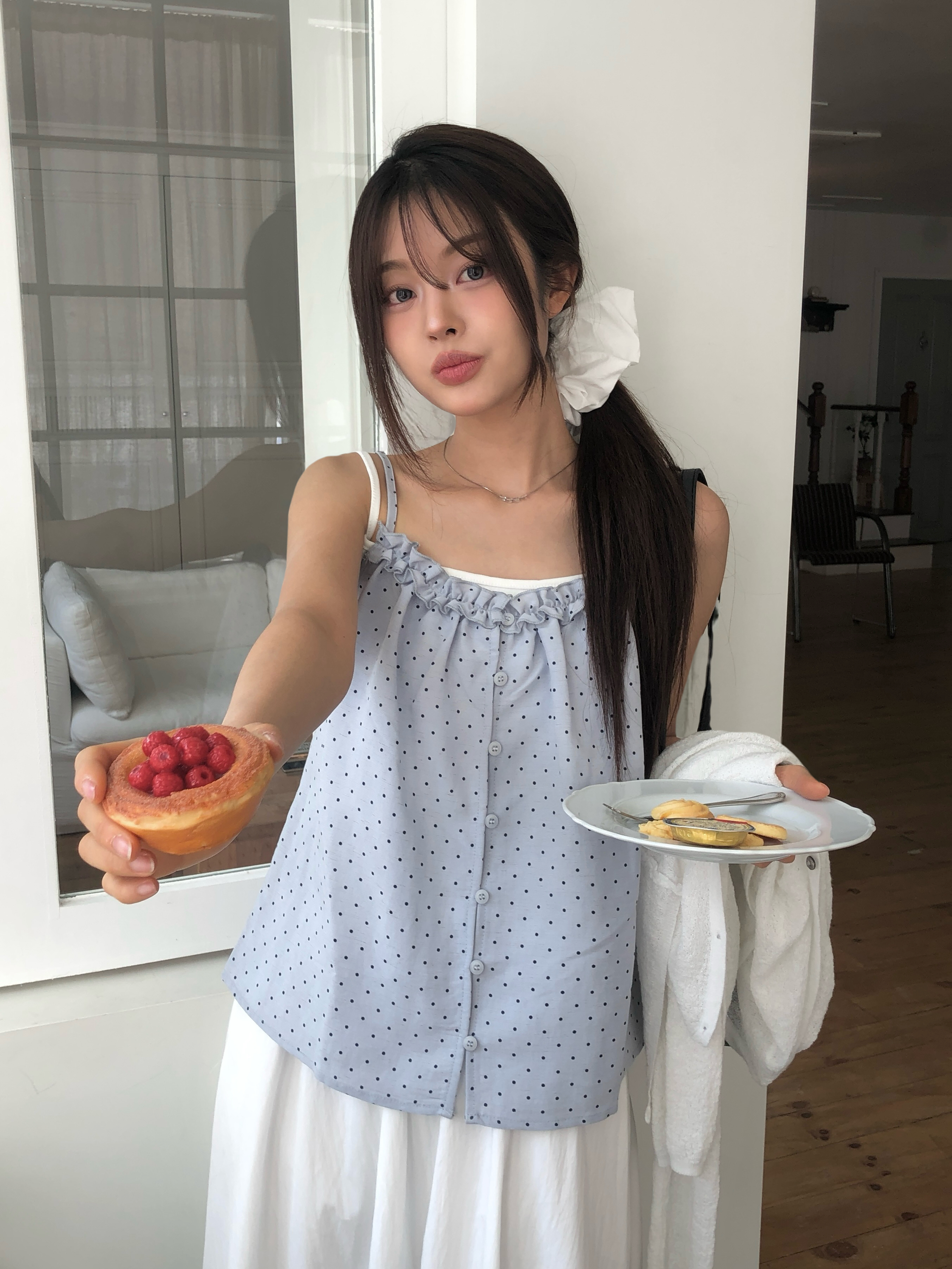 ミニドットフリルボタンビスチェ+キャミソールセット