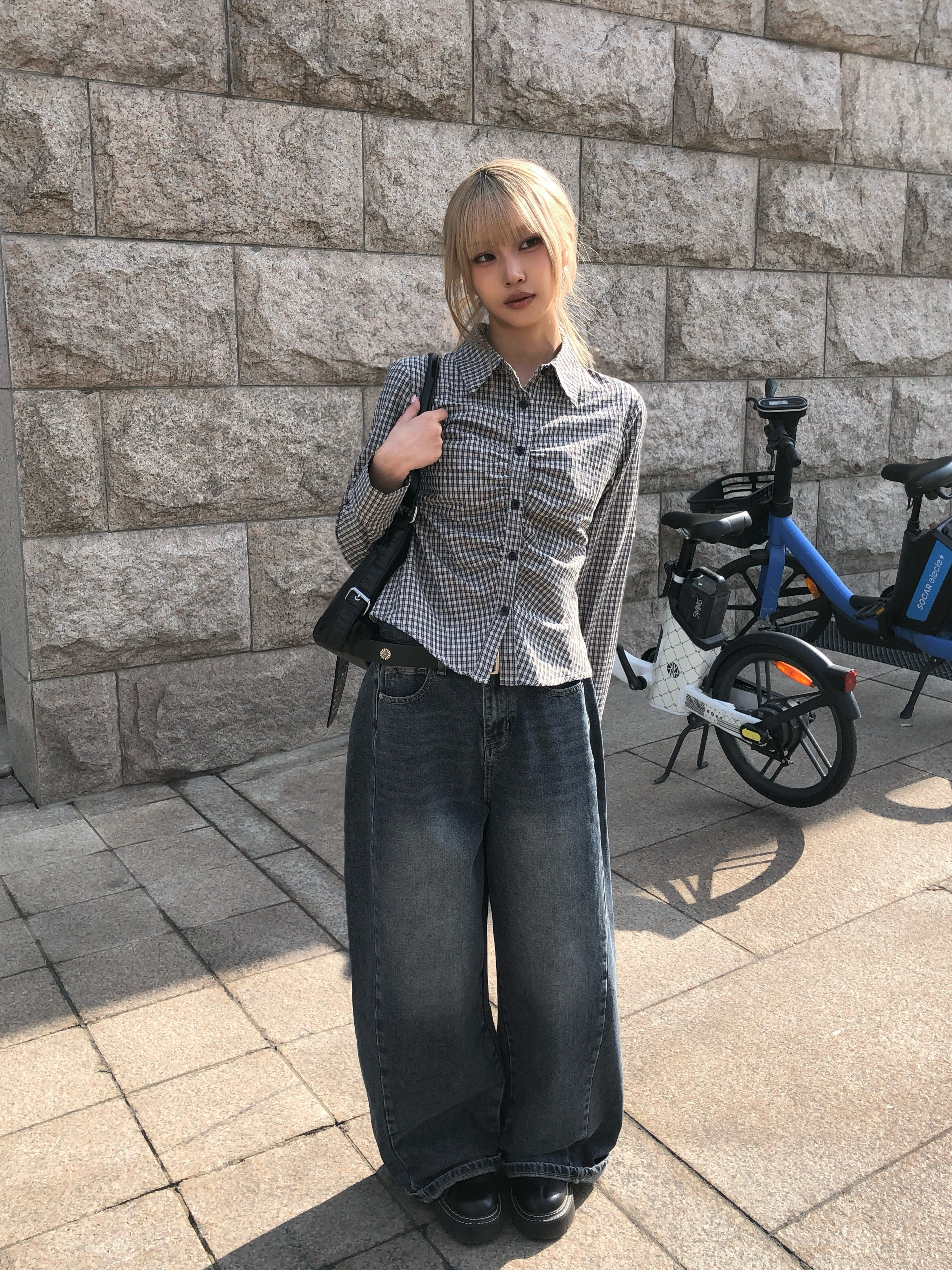 バックダブルポケット斜め切替ワイドデニムパンツ | ファッション通販
