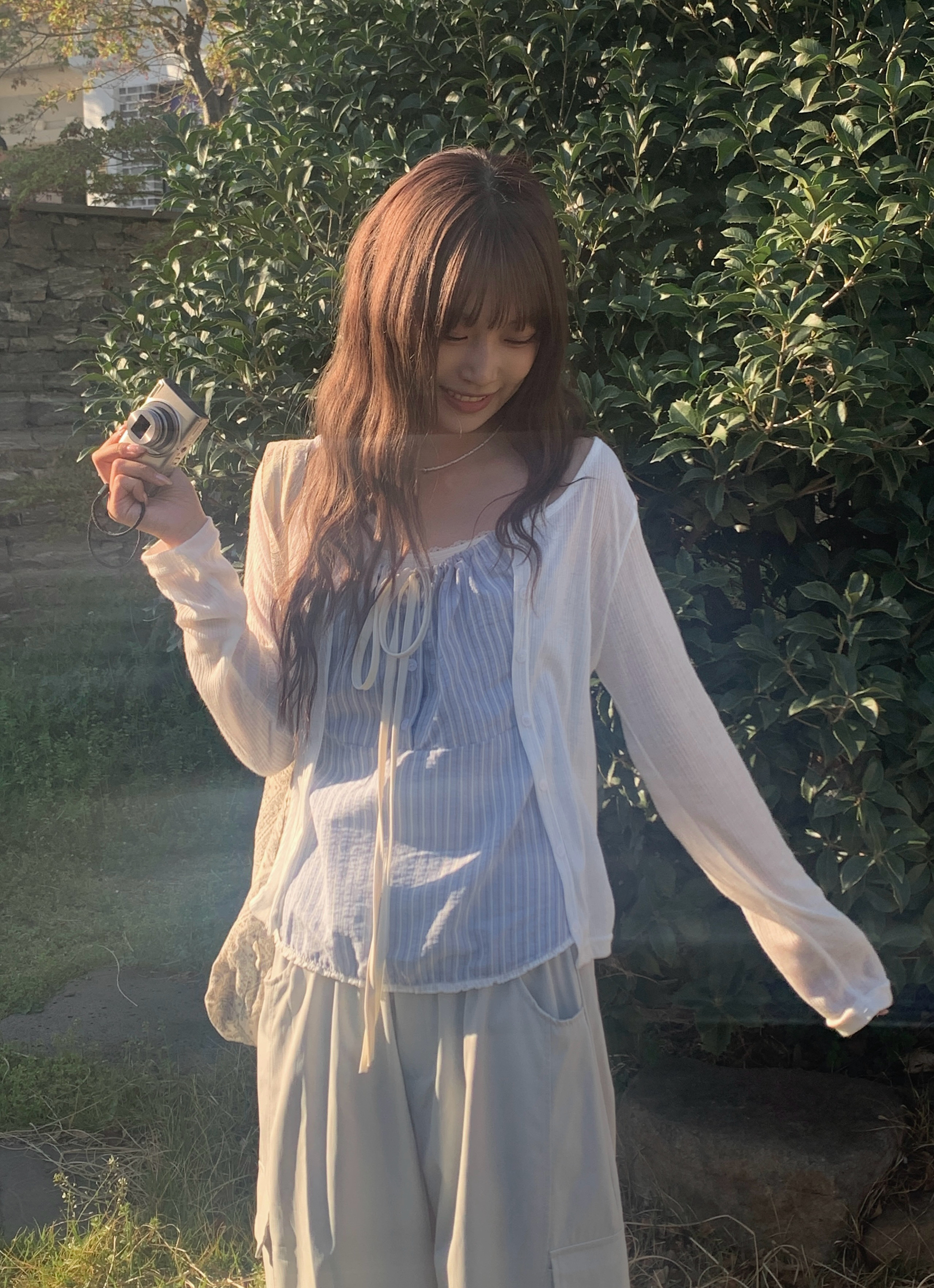 ストライプ柄リボンシャーリング配色ビスチェ