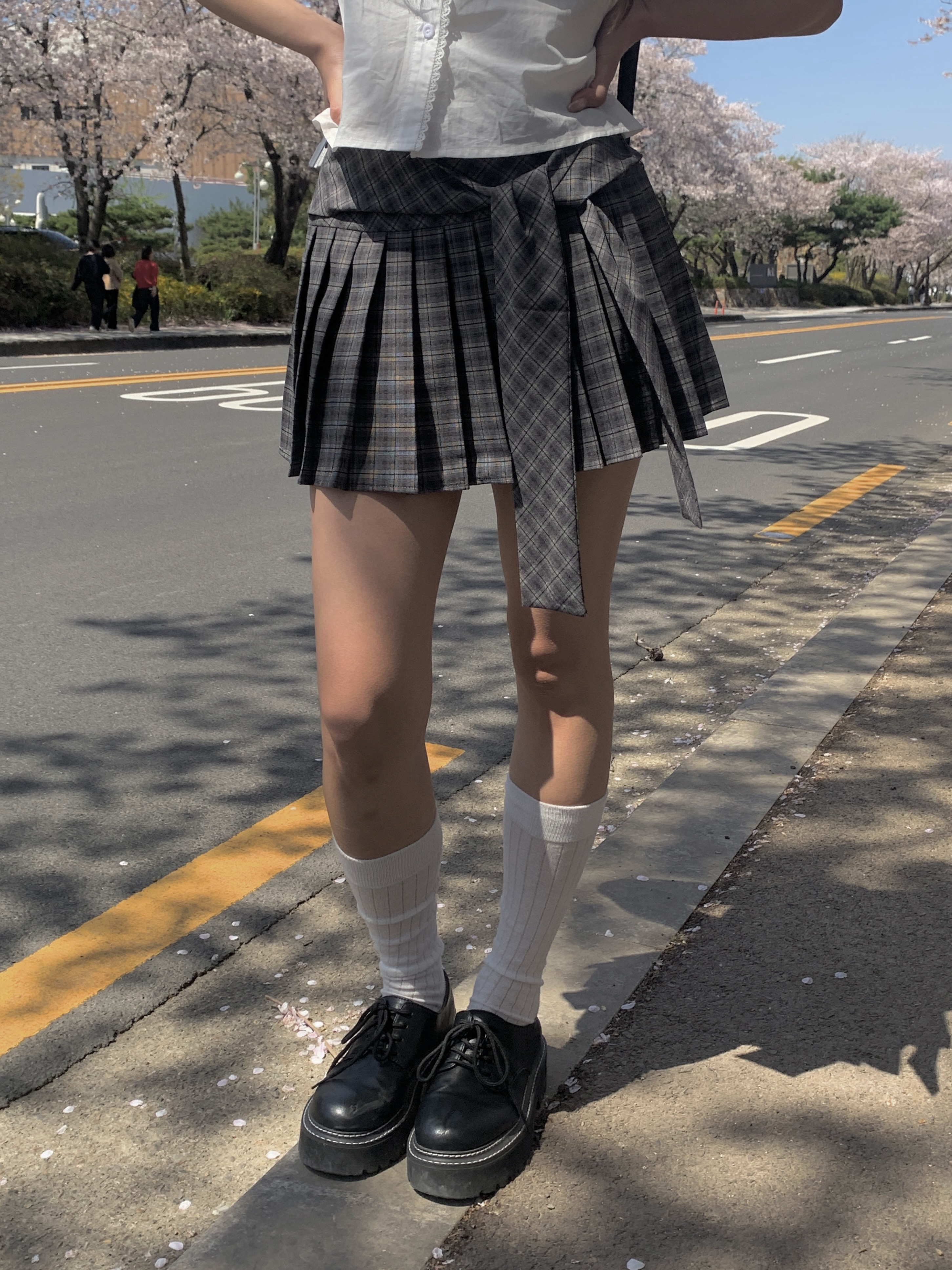 一体型リボンチェックプリーツミニスカート