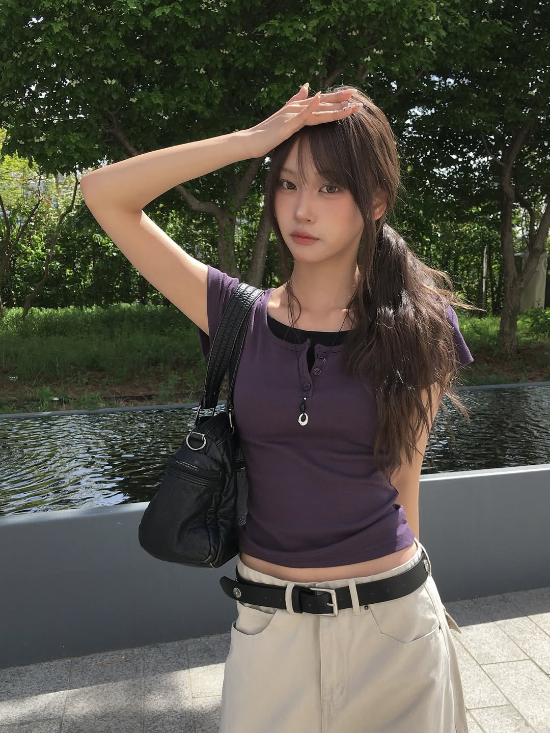 一体型配色ボタンヘンリーネック半袖Tシャツ