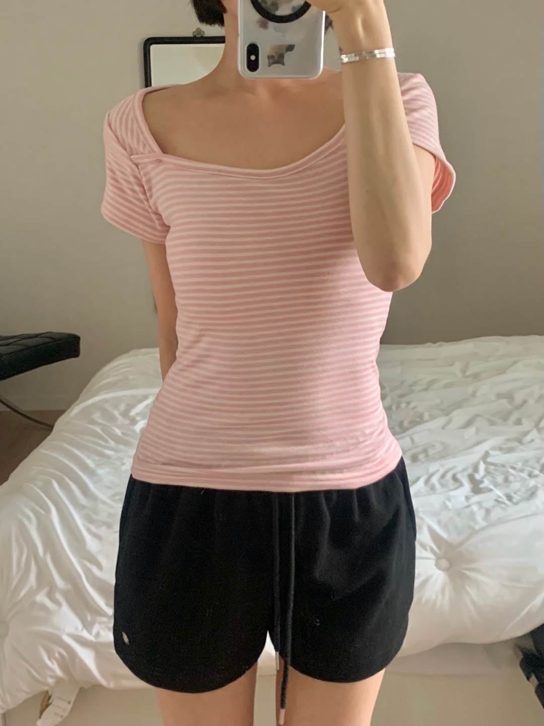 スリムフィット スクエアネック ボーダー柄 半袖 Tシャツ