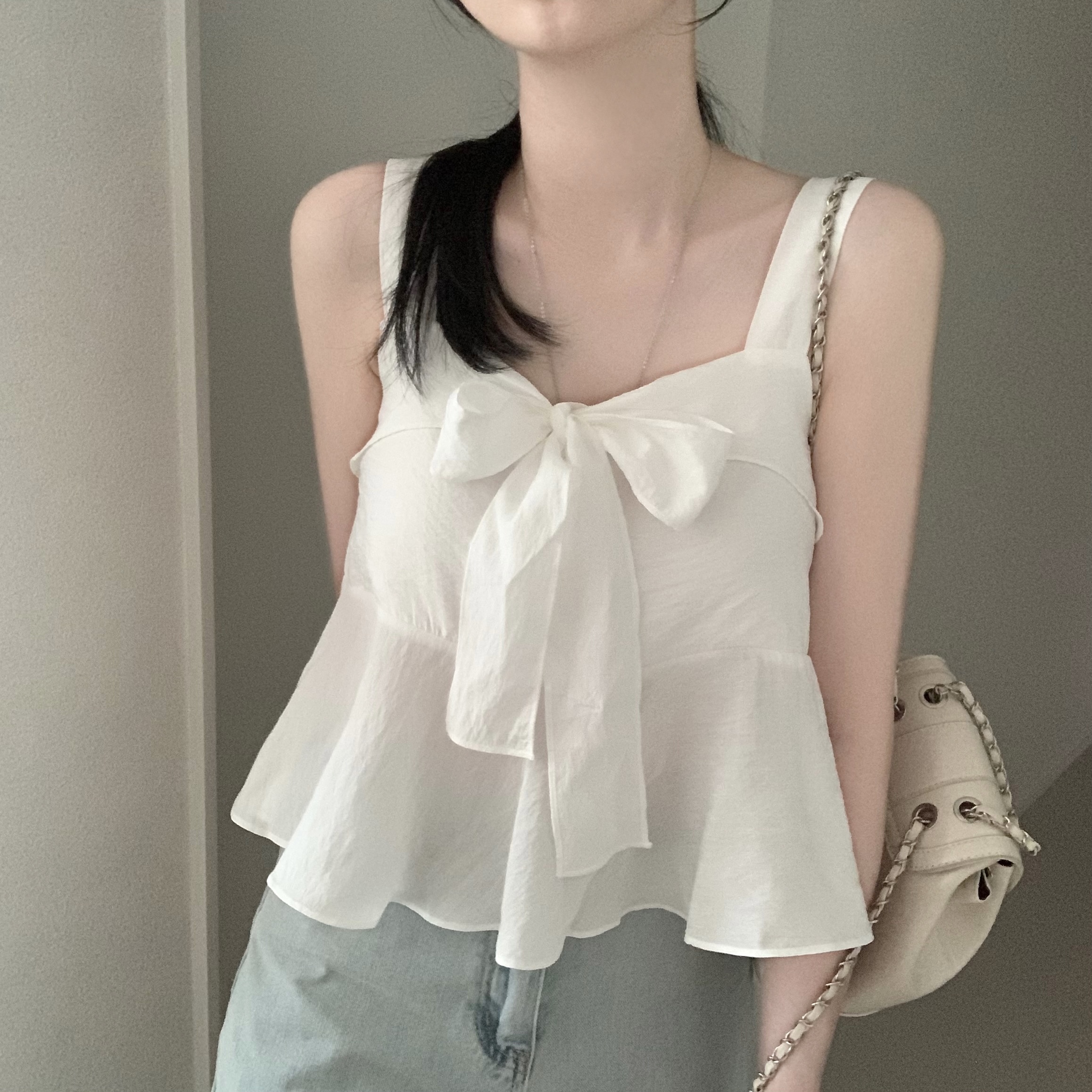 [2WAY]リボンフレアノースリーブブラウス