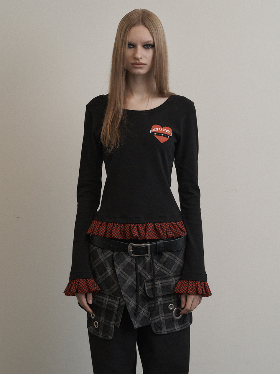CHECK FRILL TOP / BLACK