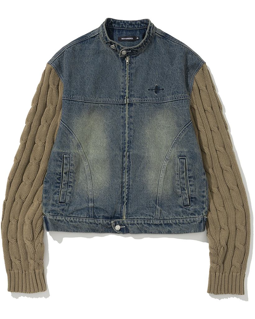 Knit Sleeve Denim Jacket - Deep Blue