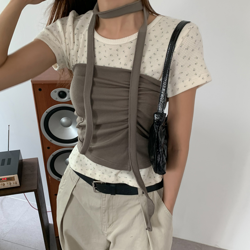 [Tilde seoul] クレバードットシャーリングカラーTシャツ チョーカーset] フロントシャーリングトップス-3color