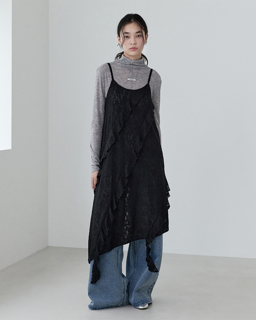 LACE RUFFLE SLEEVELESS ONEPIECE BLACK | ファッション通販サイト NUGU