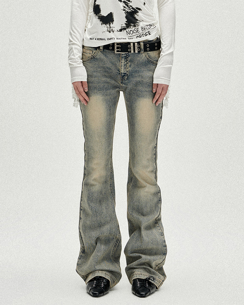 W Symbol Stitch Low Rise Flare Fit Denim Pants - Light Blue