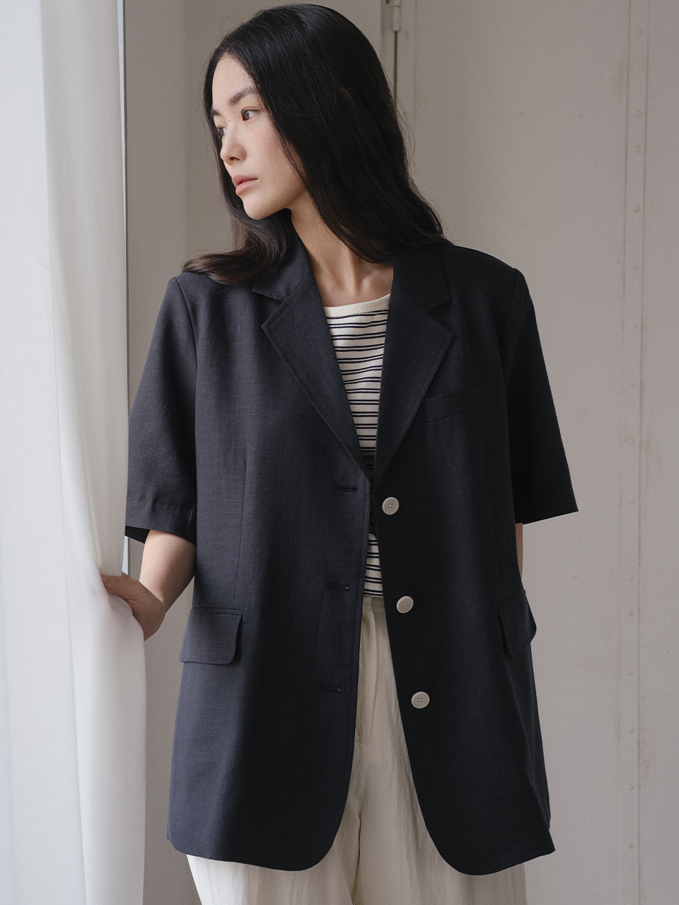 Linen blended half sleeve jacket [TISU05JK04]_Navy