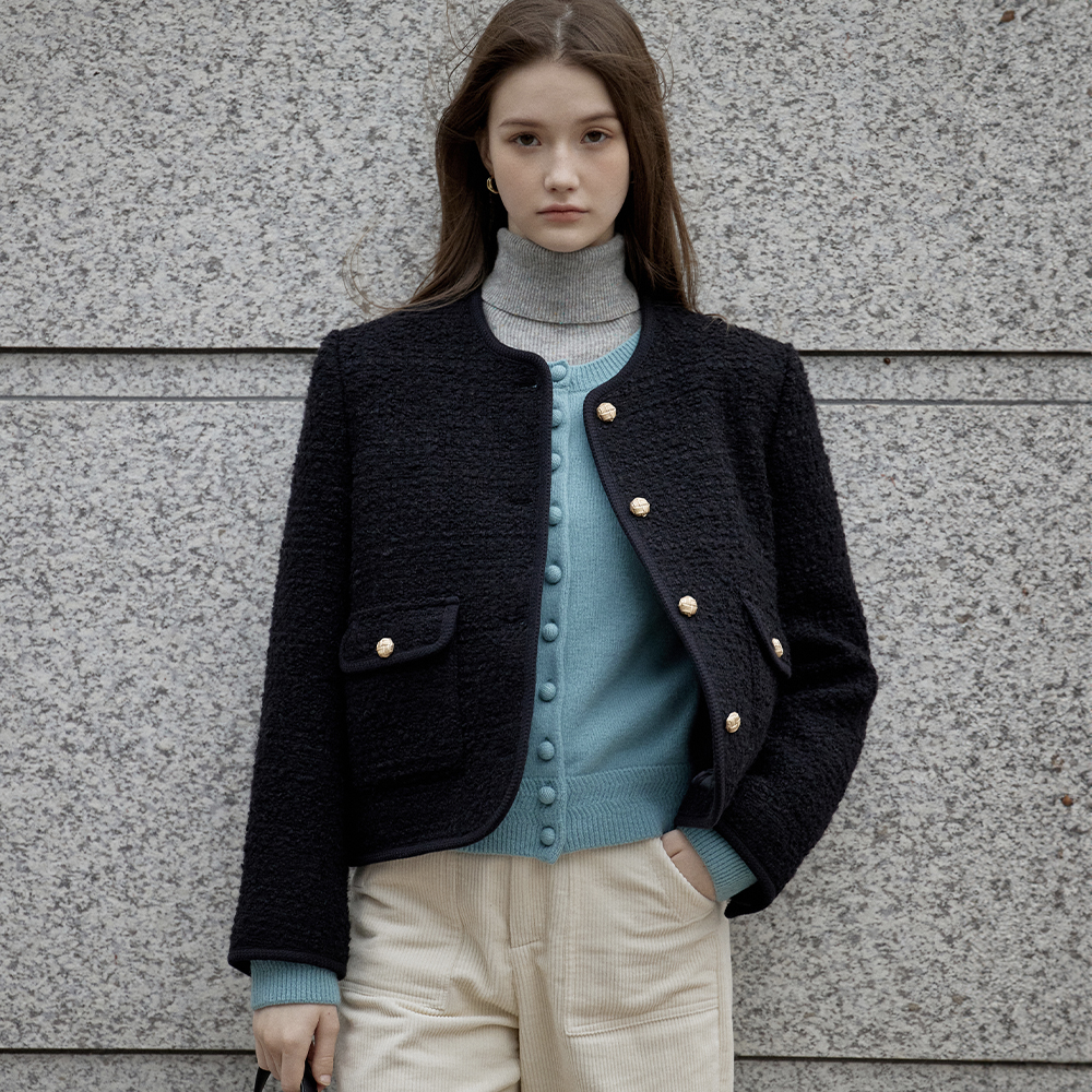 ★2024SS新作★SATUR★Aachen Wool Blend Collar Tweed Jacket Aachen Wool Blend Collar Tweed Jacket - Resort Black