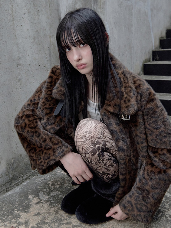 LEOPARD COLLAR FUR JACKET BROWN