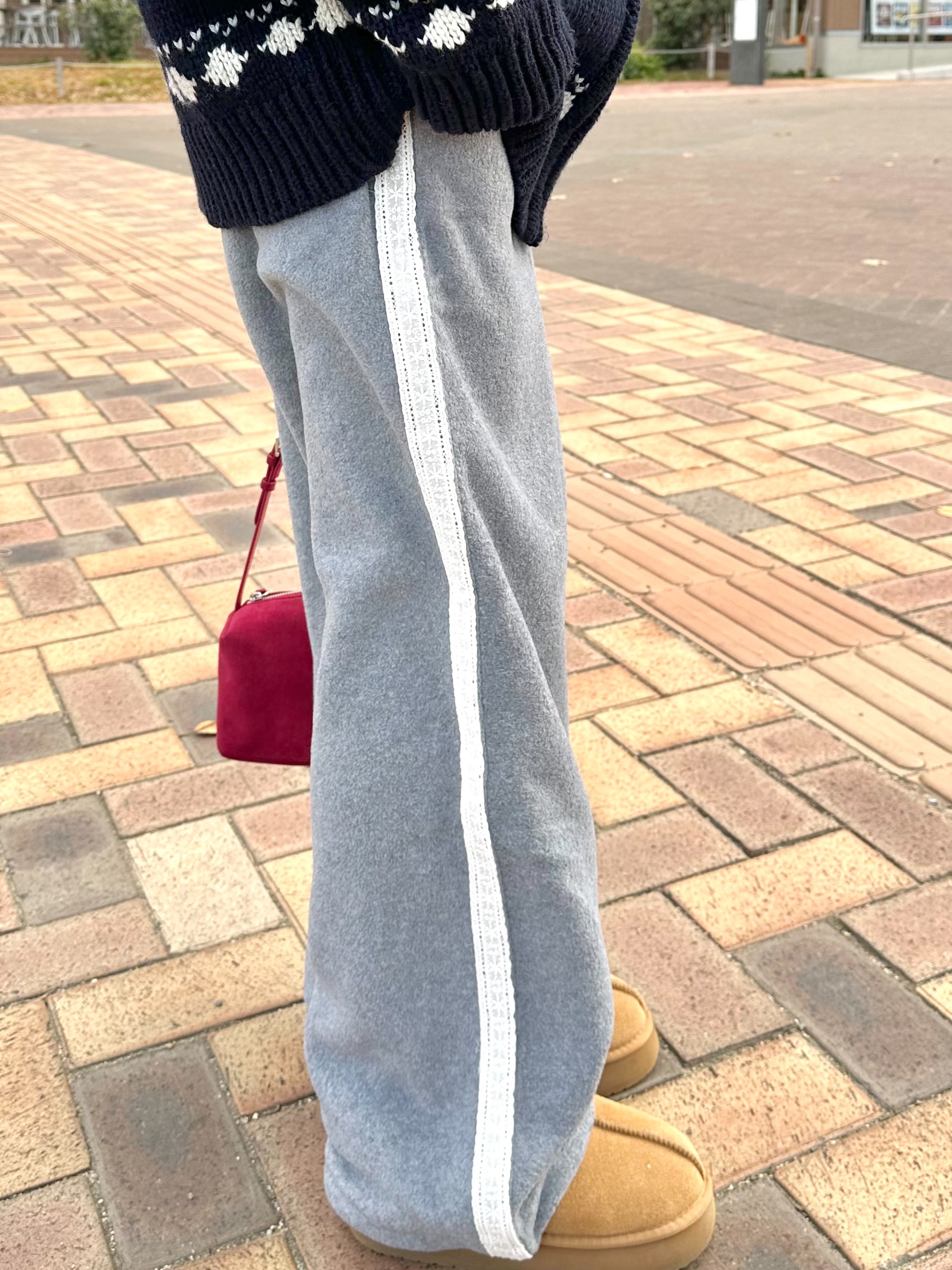 [NAMI x rolarola] FLEECE LACE STRING WIDE PANTS GRAY