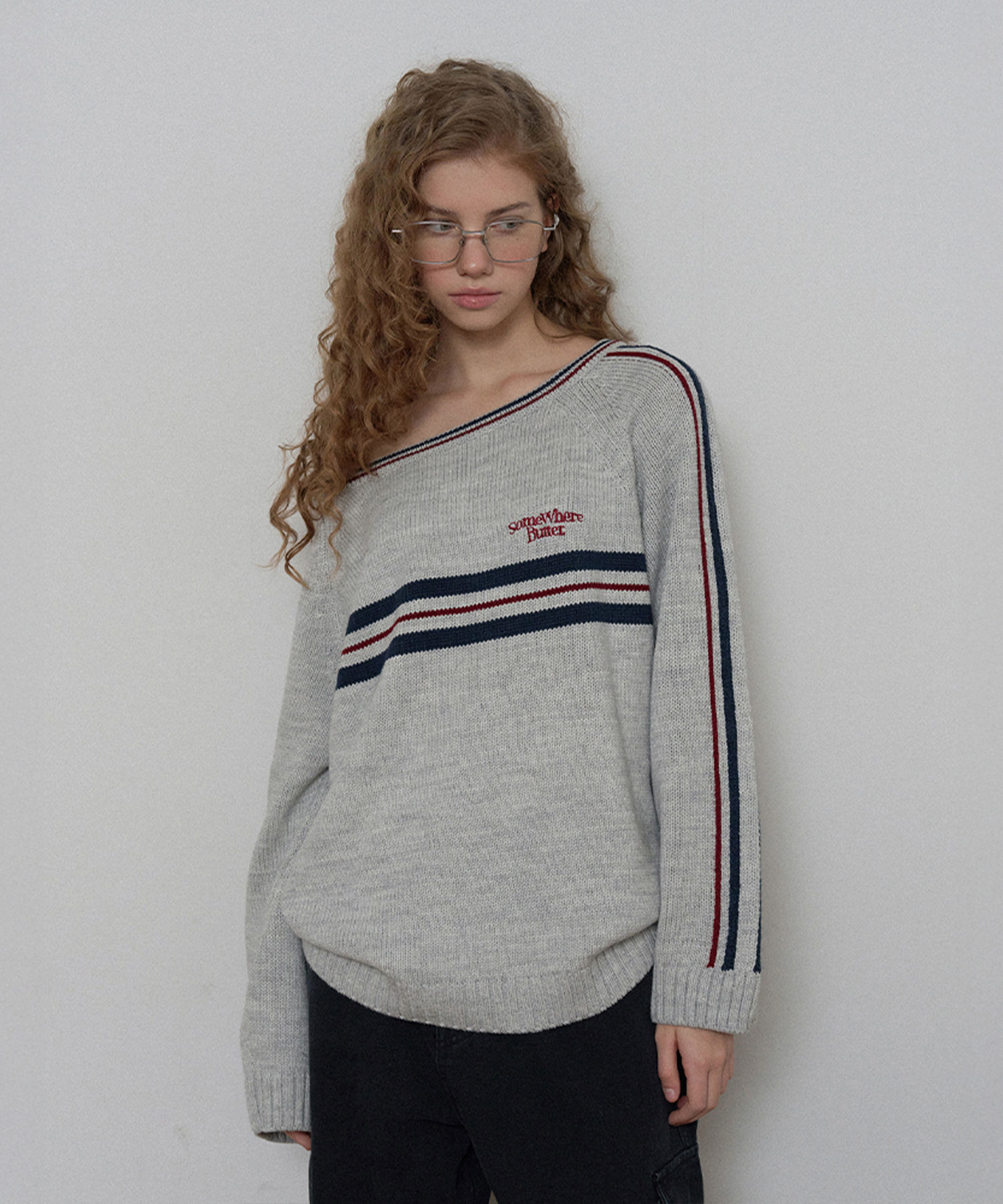 Line Small Logo Stripe Knit-light grey