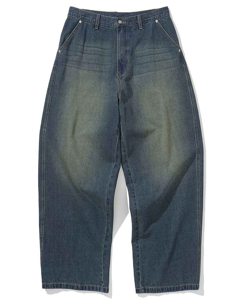 Linen Like Curved Semi Wide Denim Pants - Deep Blue