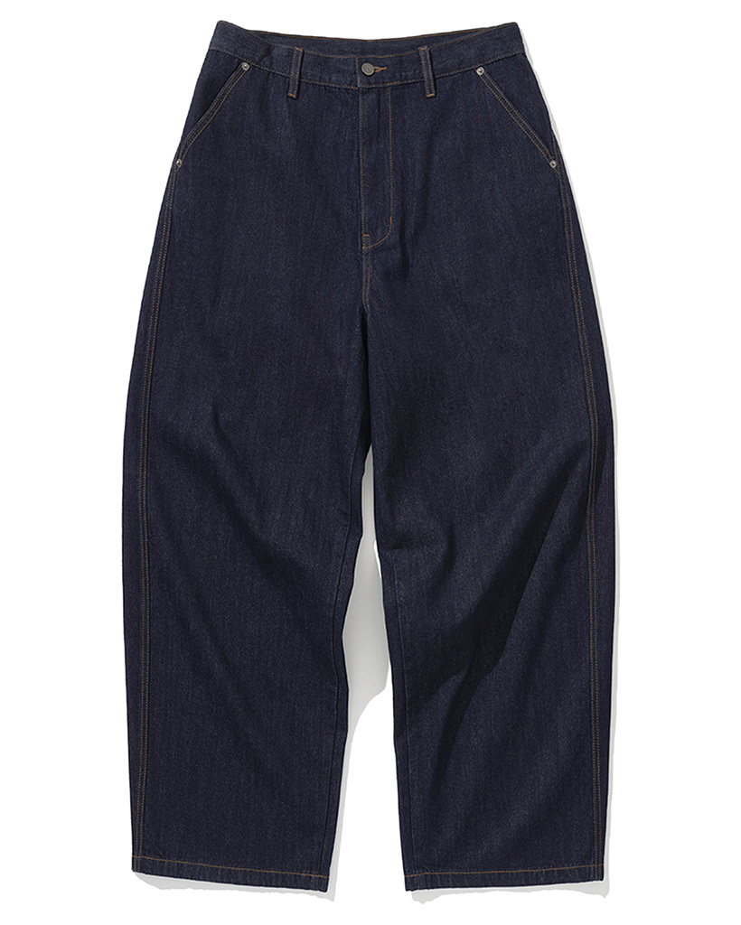 Linen Like Curved Semi Wide Denim Pants - Deep Indigo