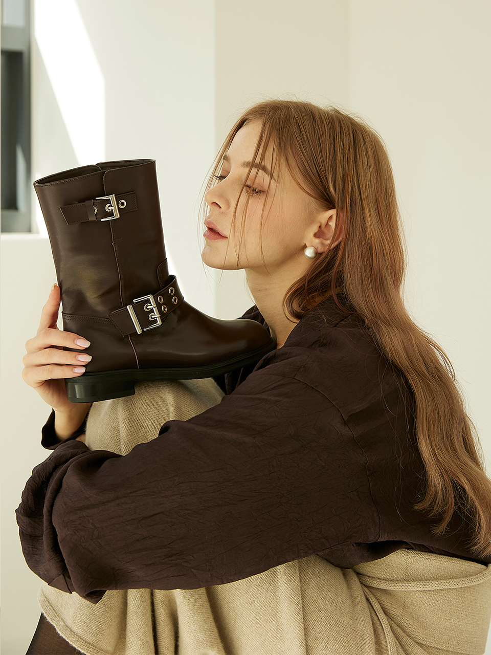 [Influencer pick]MD1121b Buckle Point Biker  Boots_Wine Brown