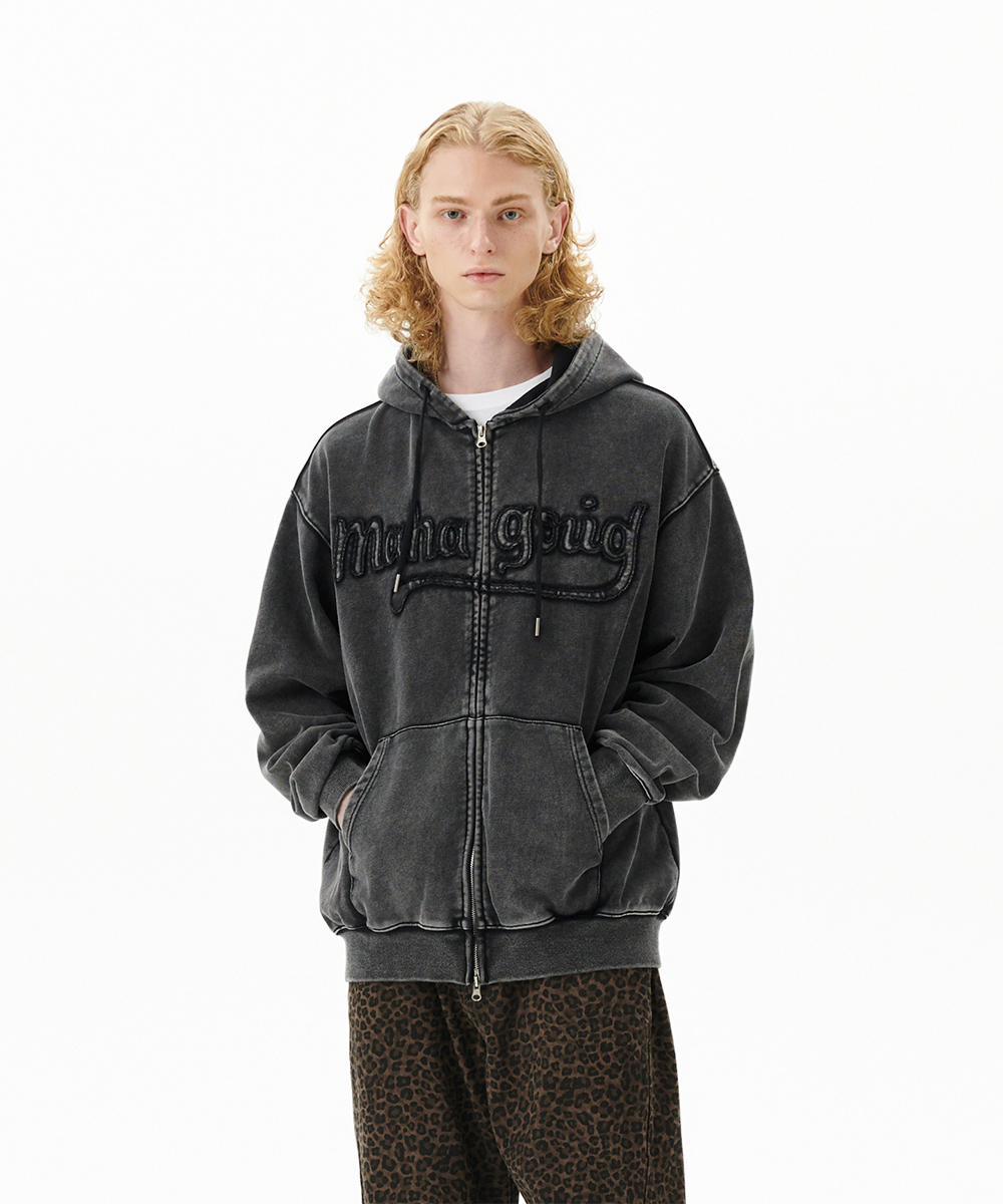 WASHED CUT OFF APPLIQUE HOOD ZIP UP[BLACK] | ファッション