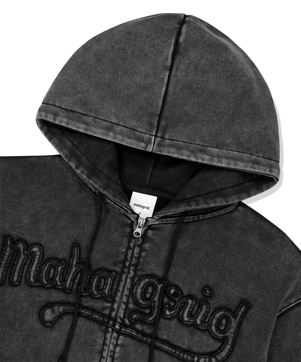 WASHED CUT OFF APPLIQUE HOOD ZIP UP[BLACK] | ファッション