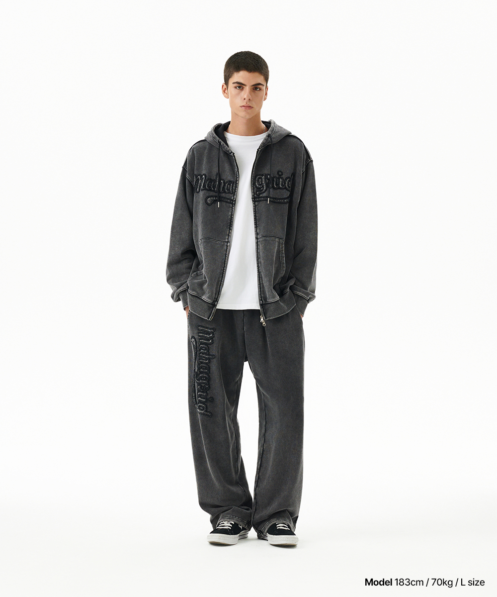 WASHED CUT OFF APPLIQUE HOOD ZIP UP[BLACK] | ファッション