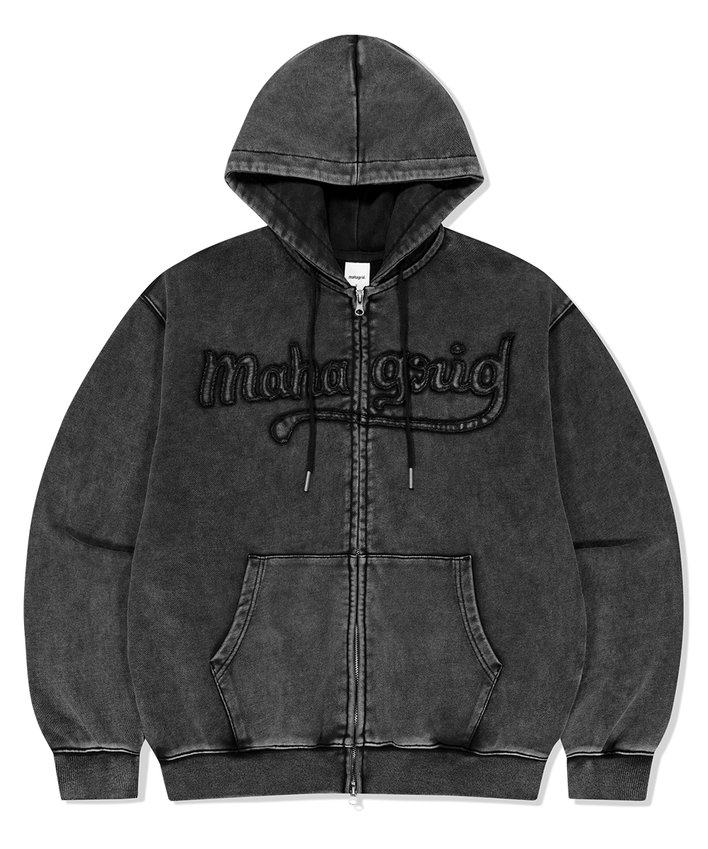 WASHED CUT OFF APPLIQUE HOOD ZIP UP[BLACK] | ファッション