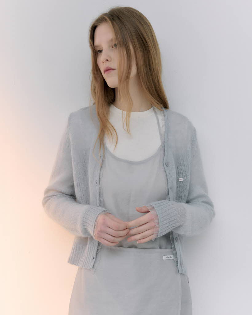 MOHAIR BLENDED ORGANZA FRILL CARDIGAN LIGHT BLUE