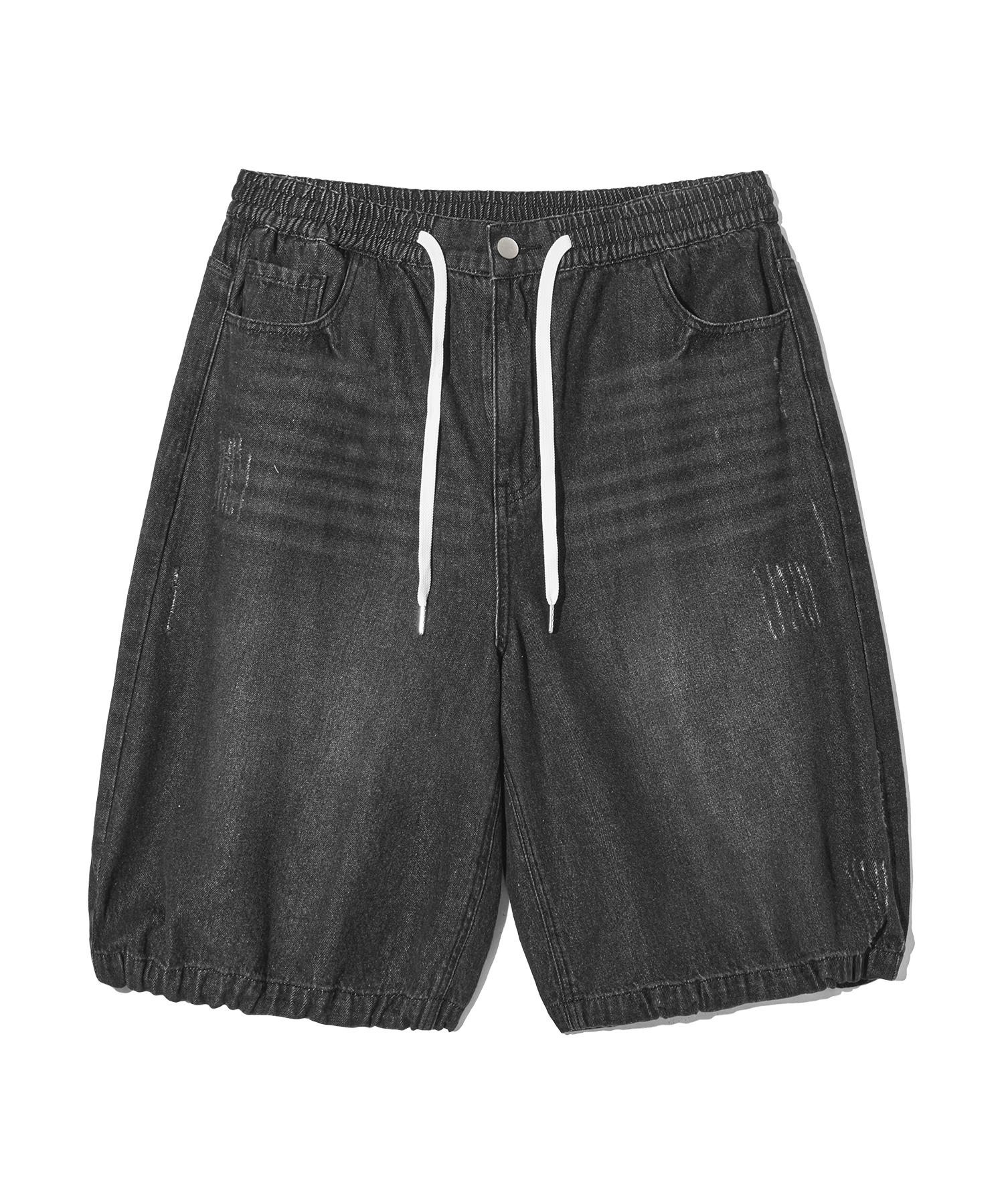 Damage Washed Denim Banding Pants-Black | ファッション通販