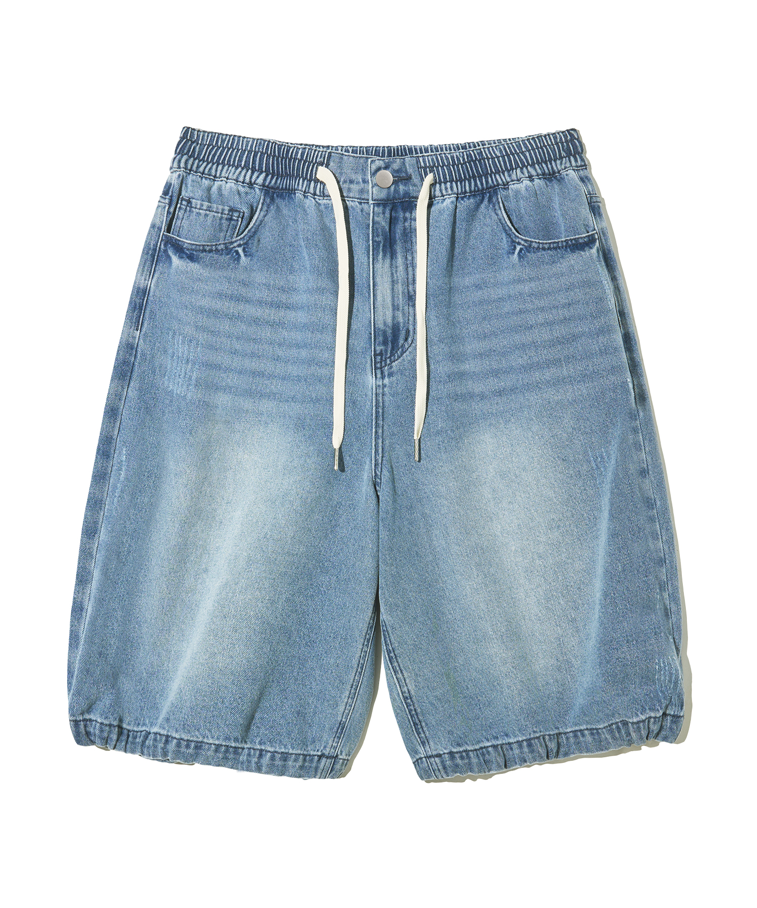 Damage Washed Denim Banding Shorts-Medium Blue
