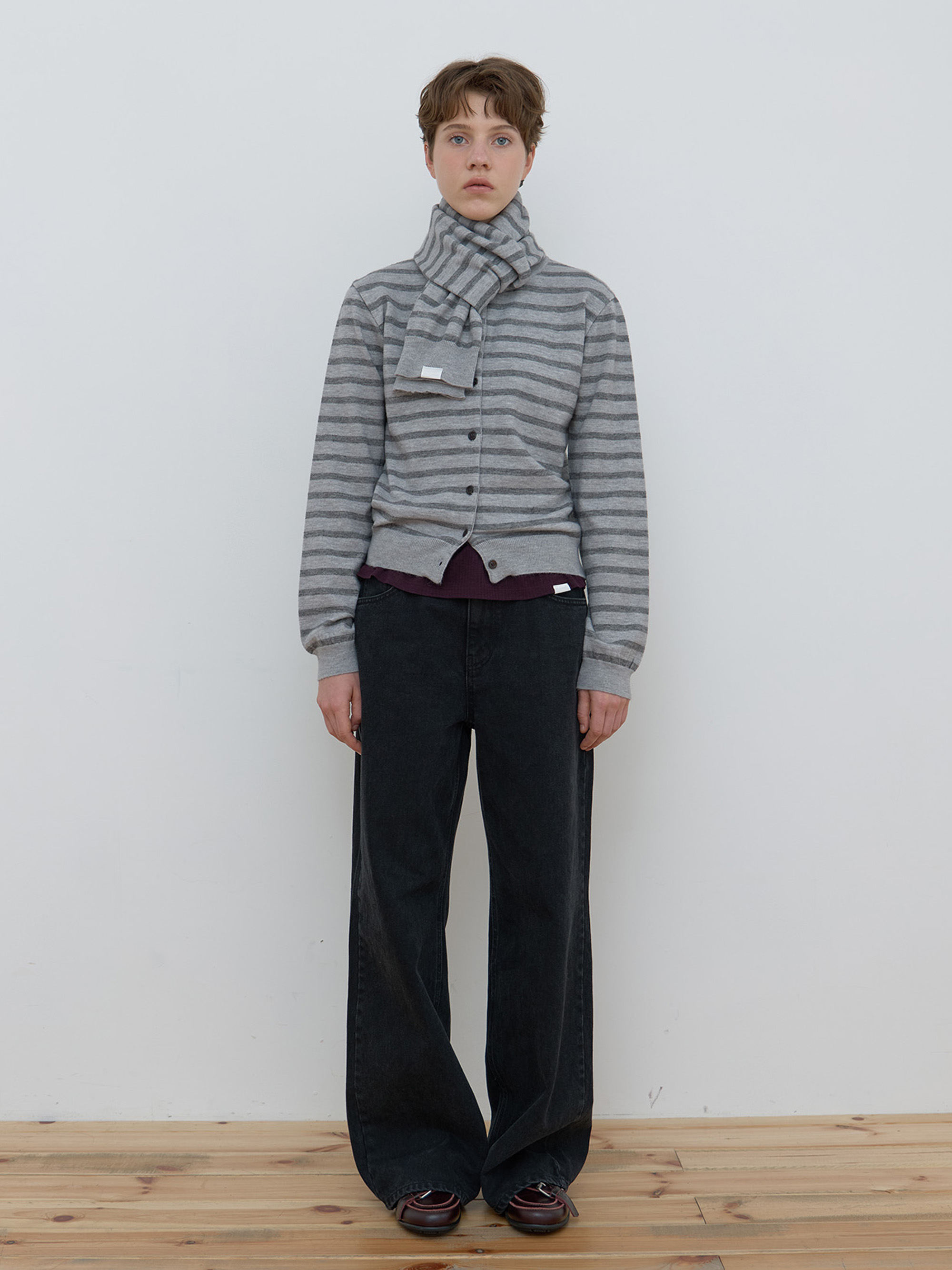 MUFFLER SET STRIPE CARDIGAN_GREY