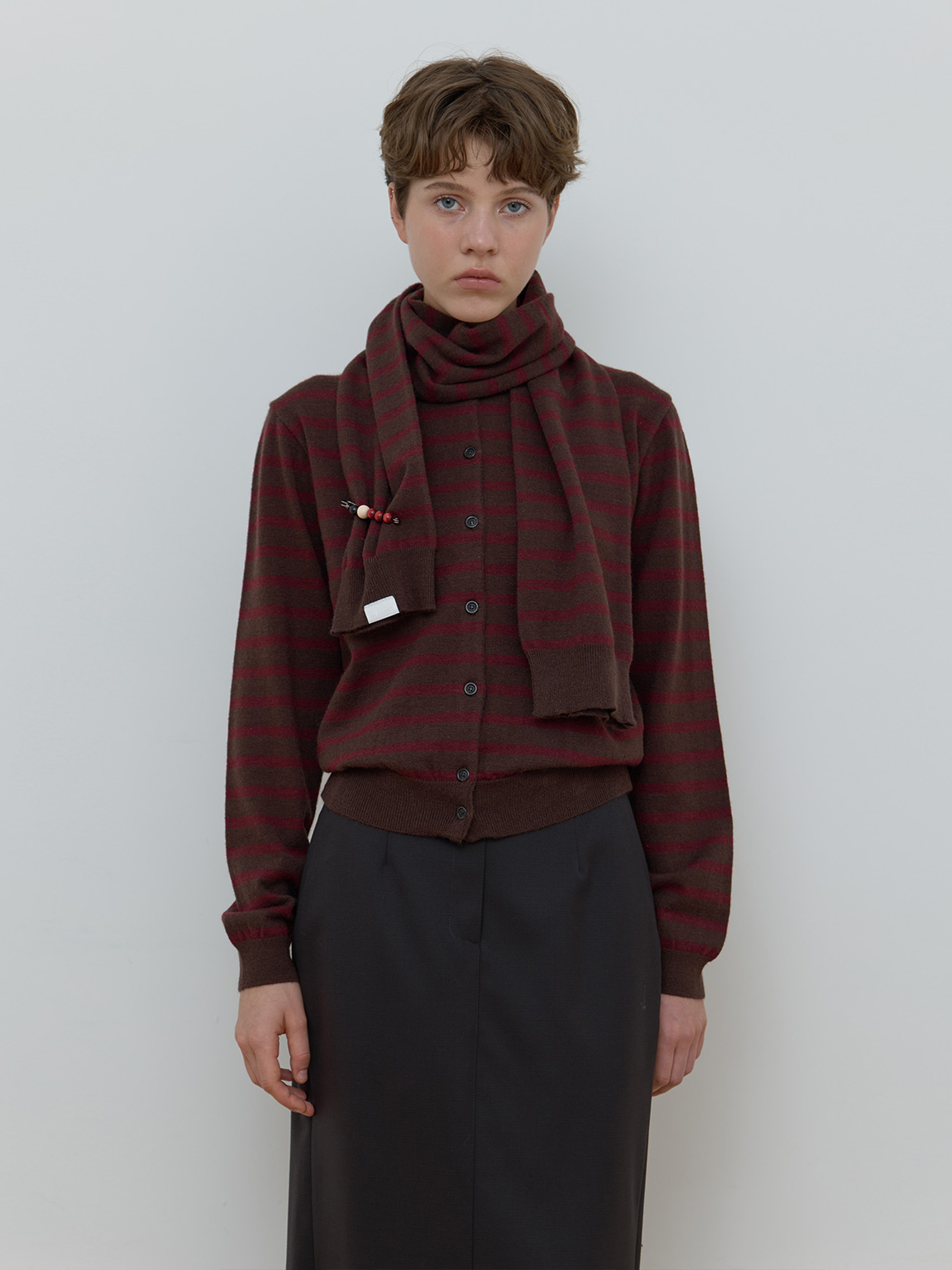 MUFFLER SET STRIPE CARDIGAN_BROWN/WINE